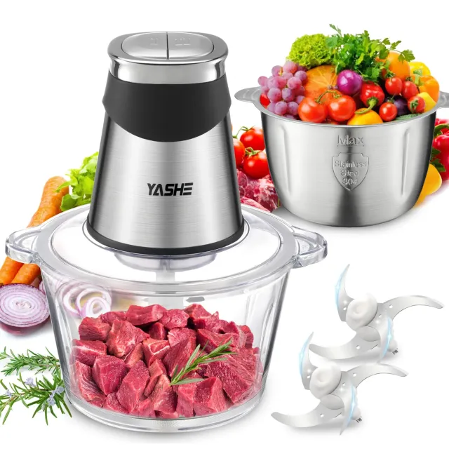 Yashe tritatutto elettrico 500W 2 ciotole 2L+2L vetro argento