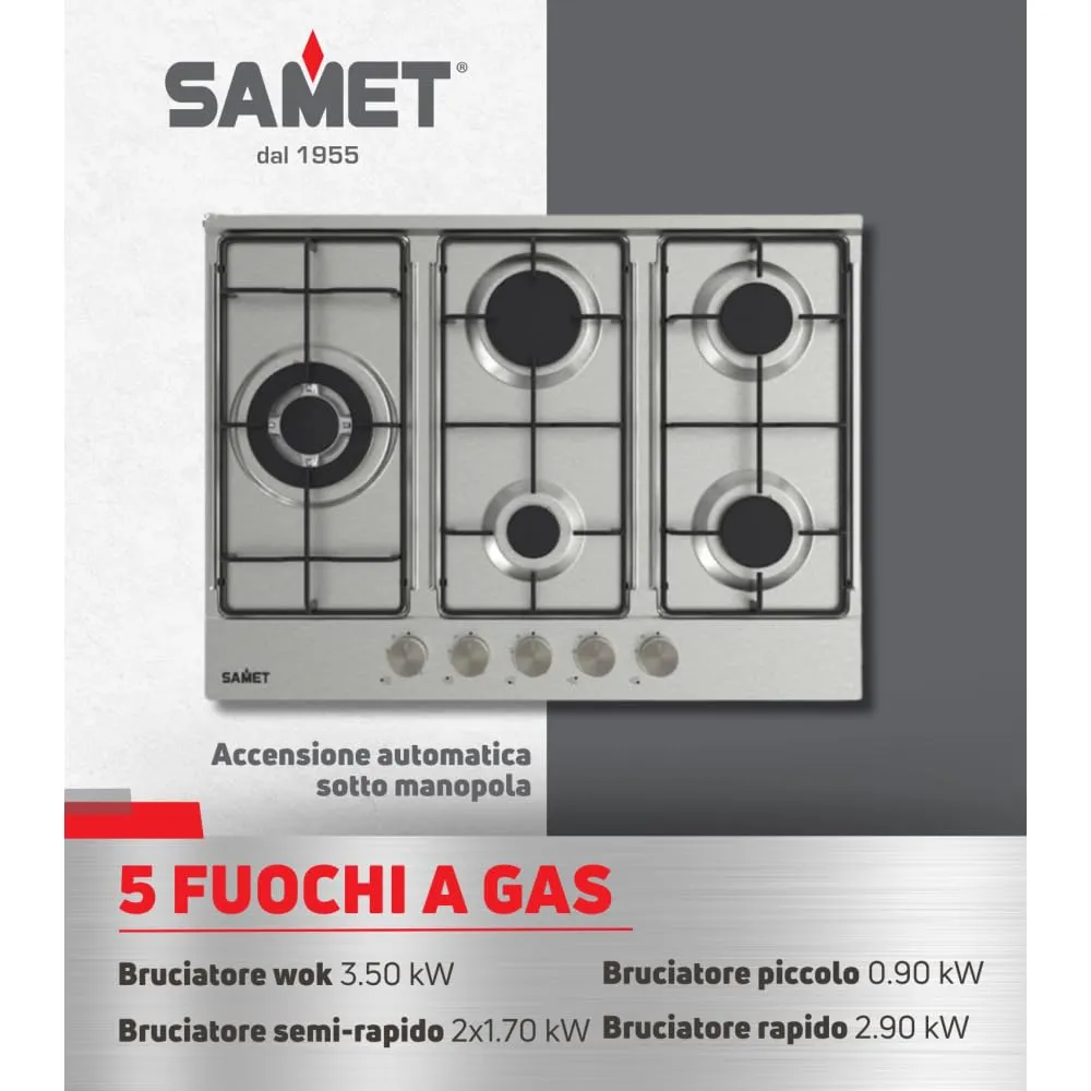 Samet Ercole2 piano cottura gas 5 fuochi 70 cm inox