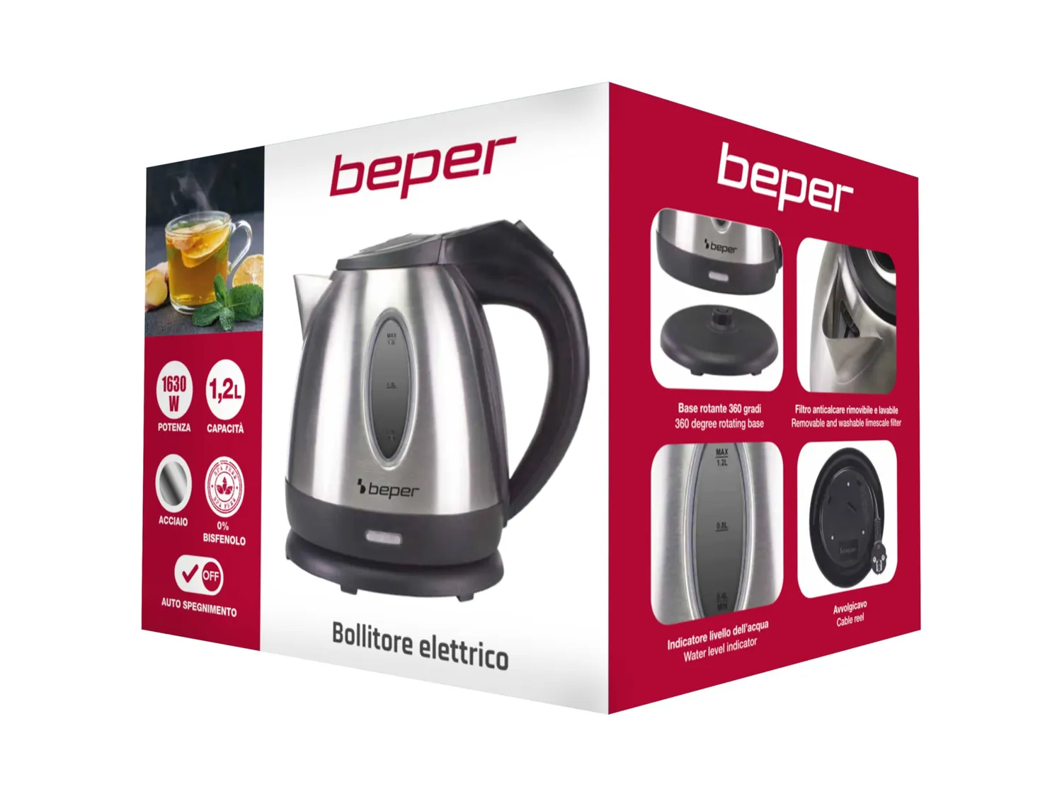 Beper P101BOL001 bollitore elettrico 1,2 L acciaio senza fili