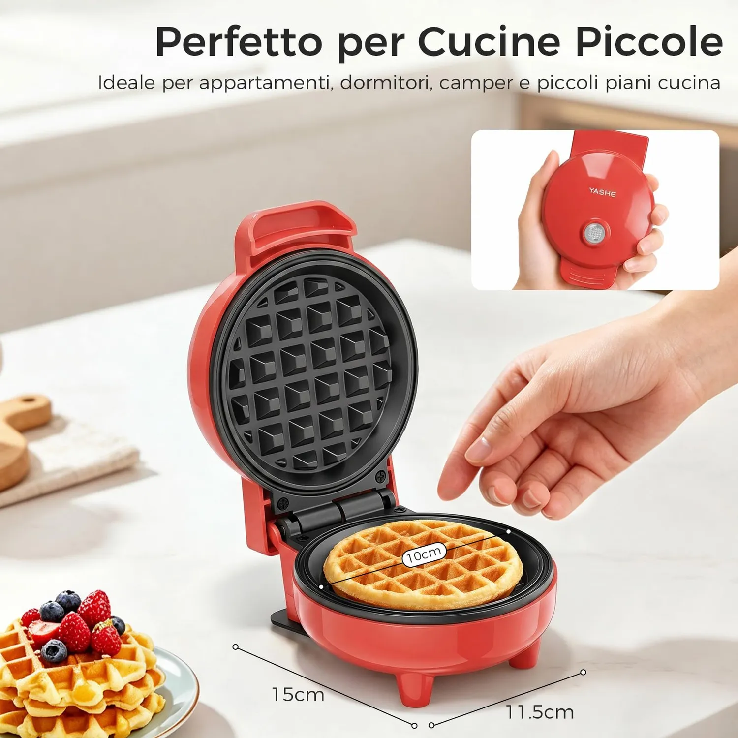 Yashe mini piastra waffle 550W rossa 10cm antiaderente