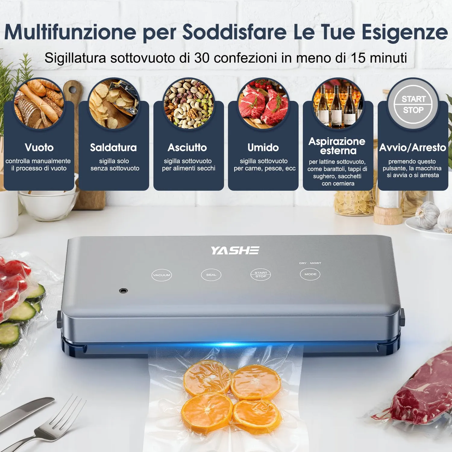 YASHE Macchina Sottovuoto Alimenti 5 in 1 Secco e Umido