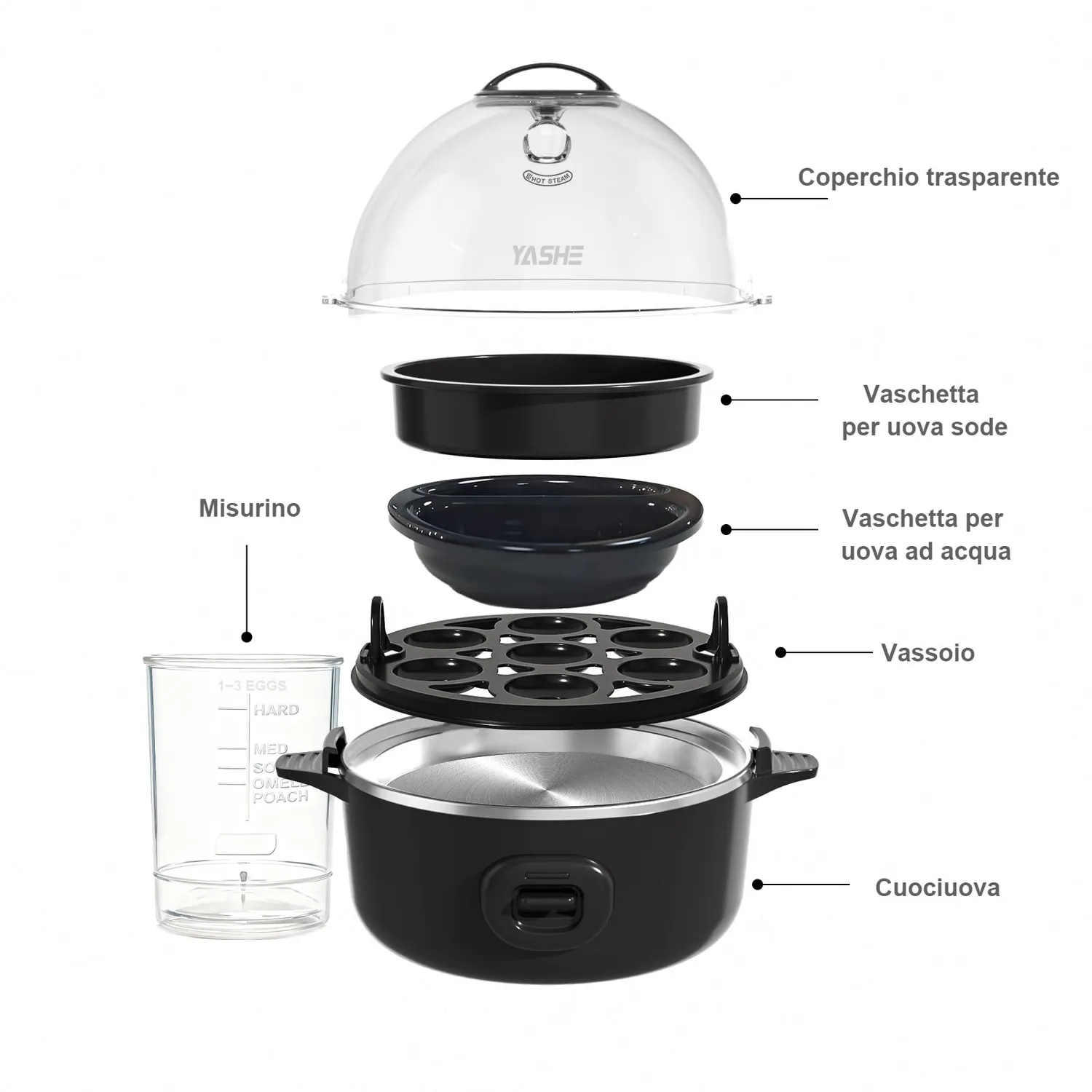 YASHE Cuociuova Elettrico 7 Uova Nero Automatico