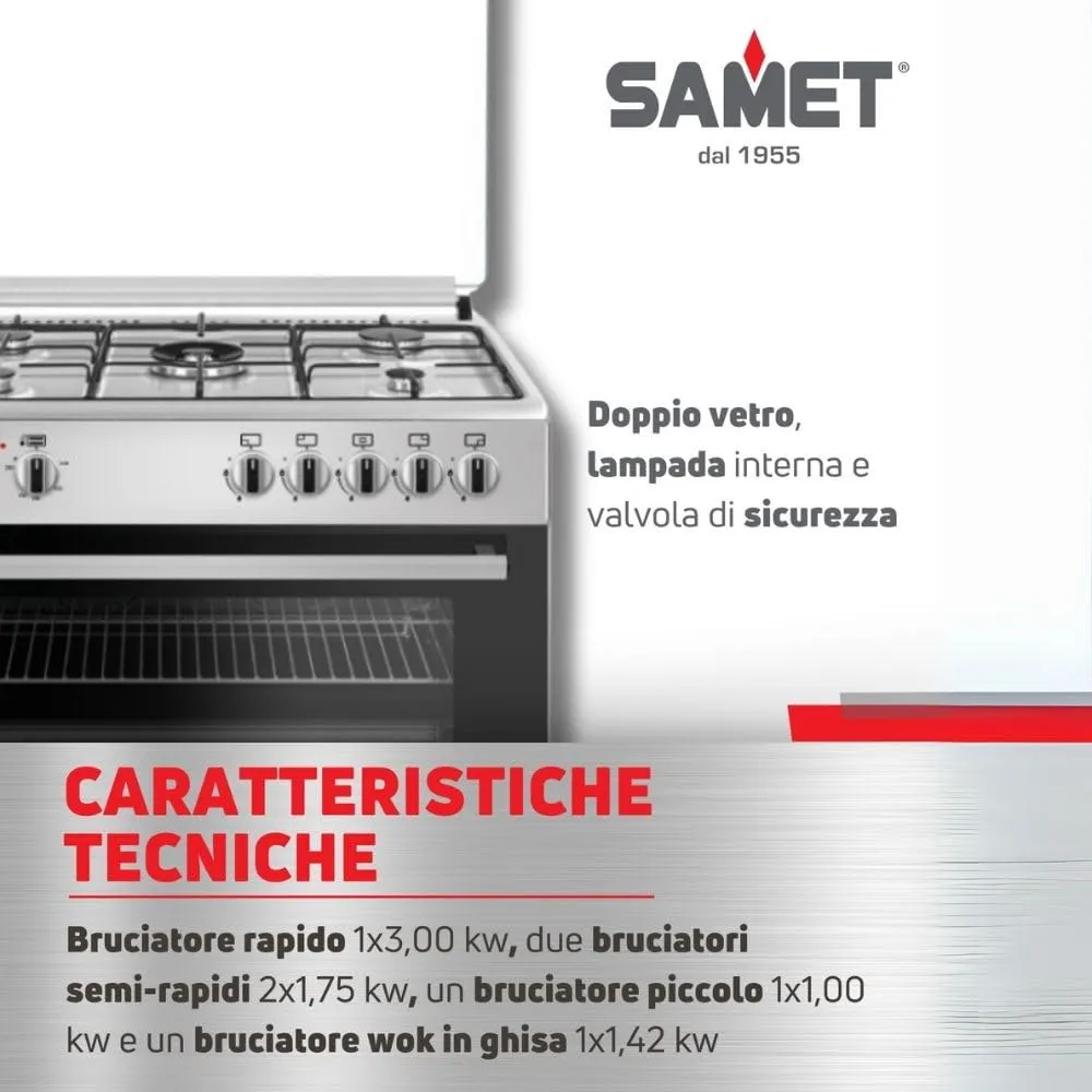 Samet Cerere90 cucina gas 5 fuochi forno ventilato inox 90 cm