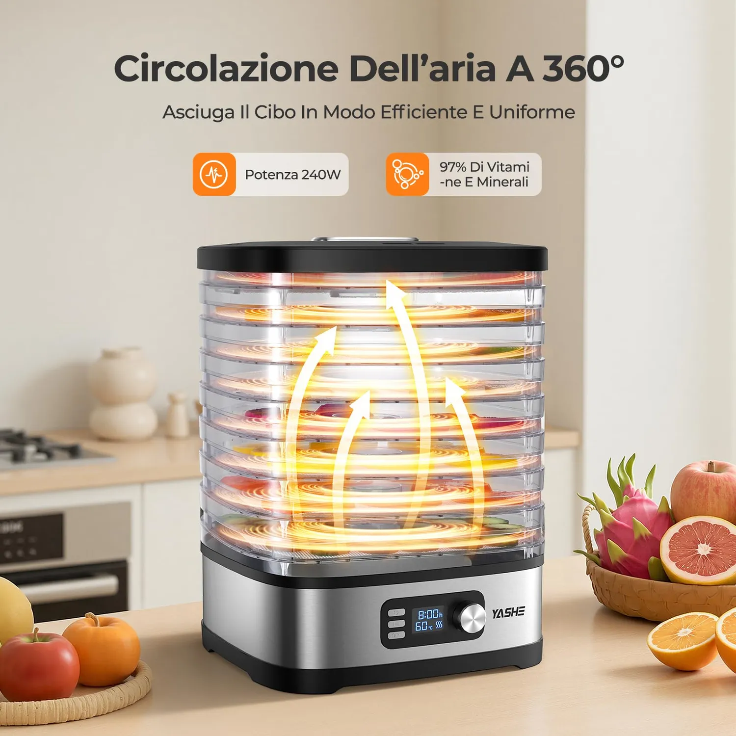 YASHE Essiccatore Alimentare 8 Vassoi 35-70°C 72h