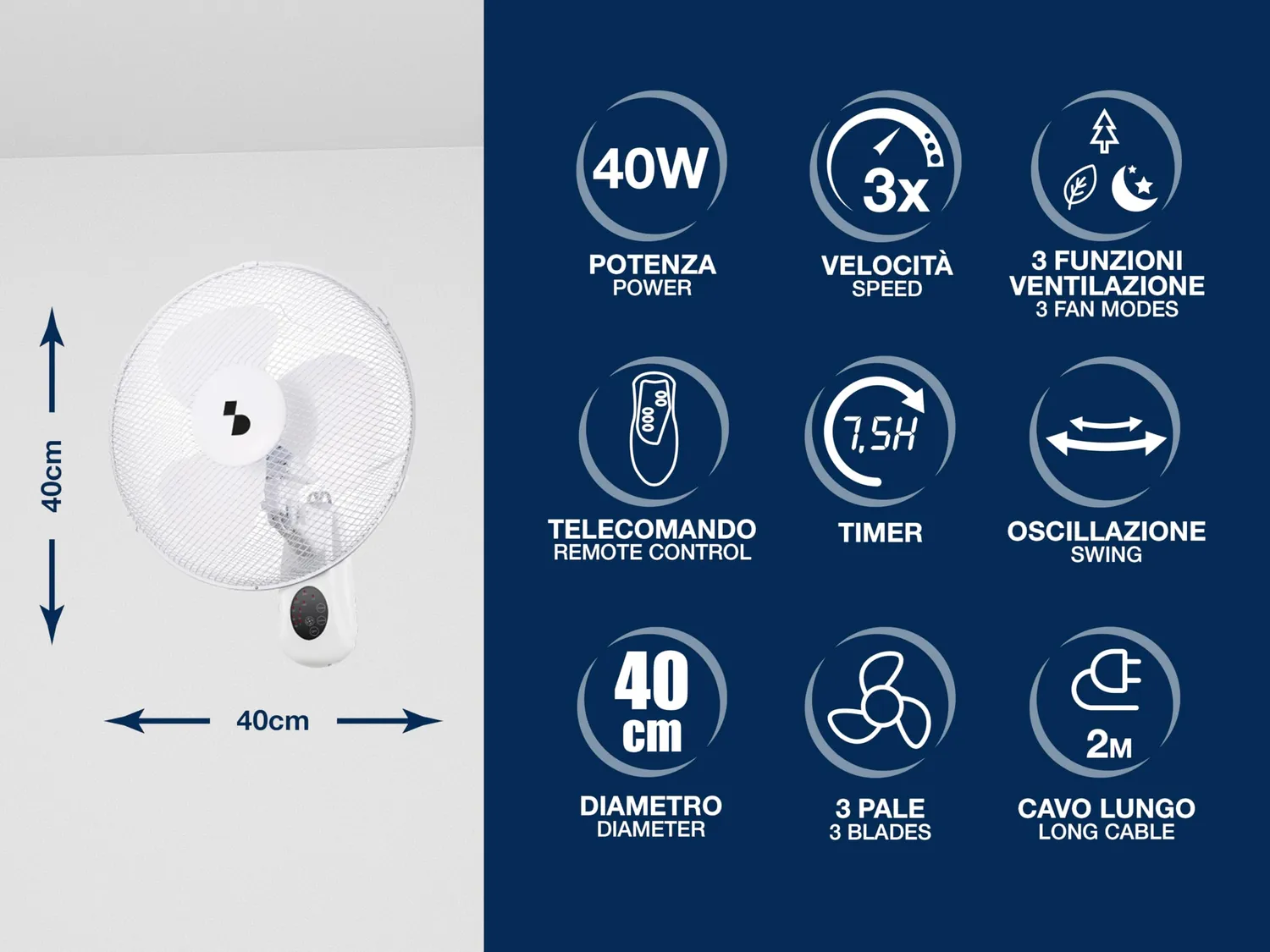Beper P206VEN600 Ventilatore da Parete con Telecomando 40cm