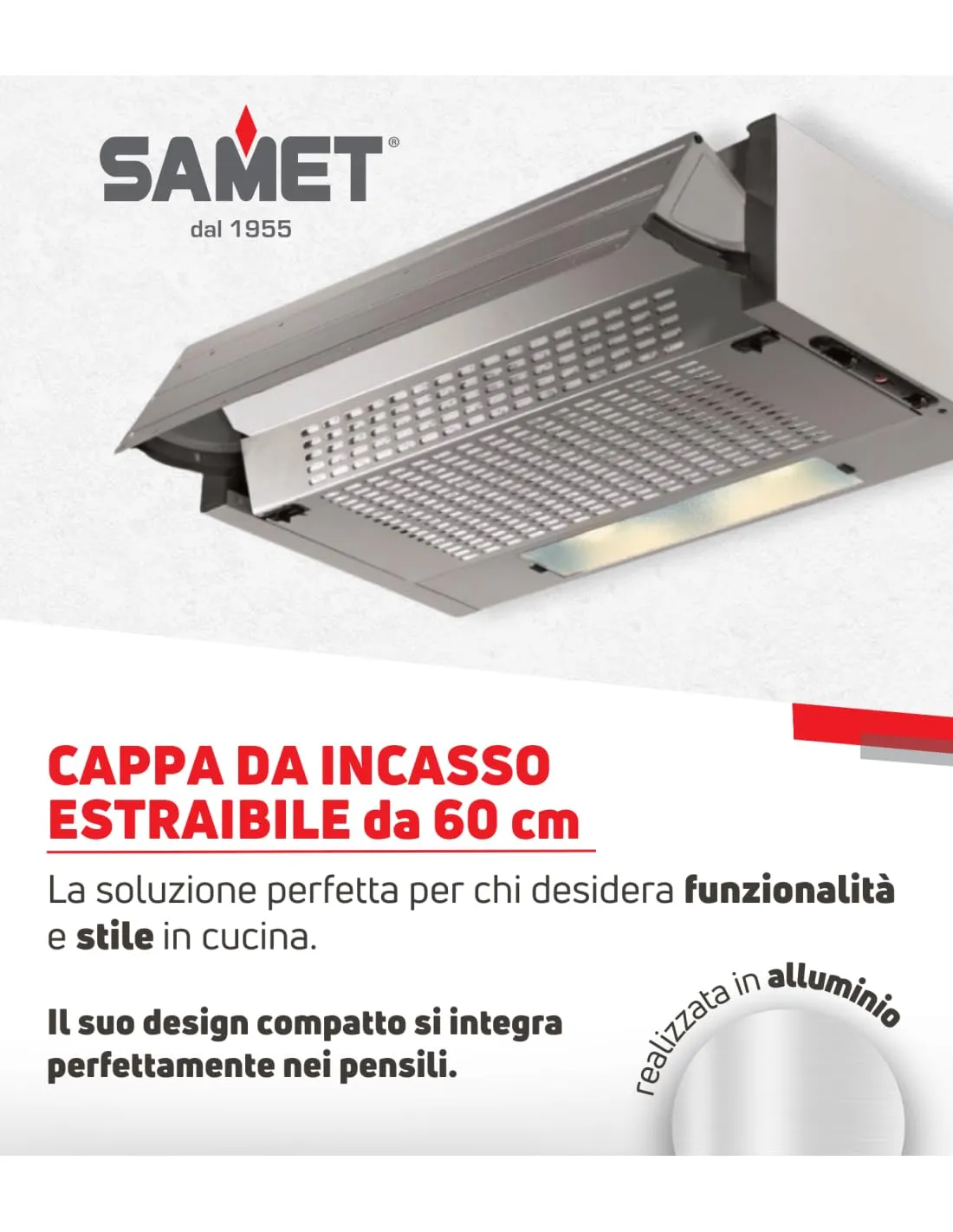 Samet Cappa Incasso Estraibile 60 cm Alluminio Led