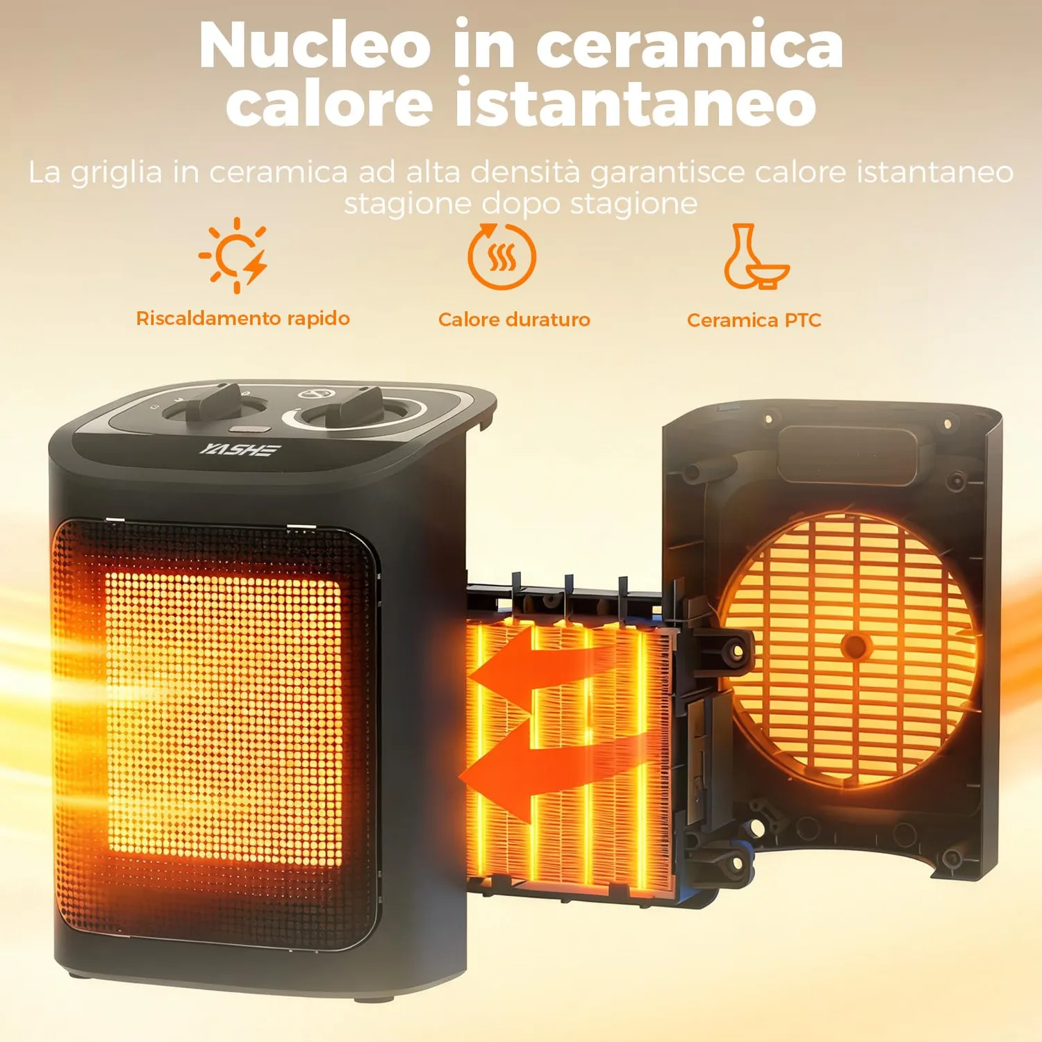 YASHE Stufa Elettrica Ceramica PTC 1500W 3 Modalità