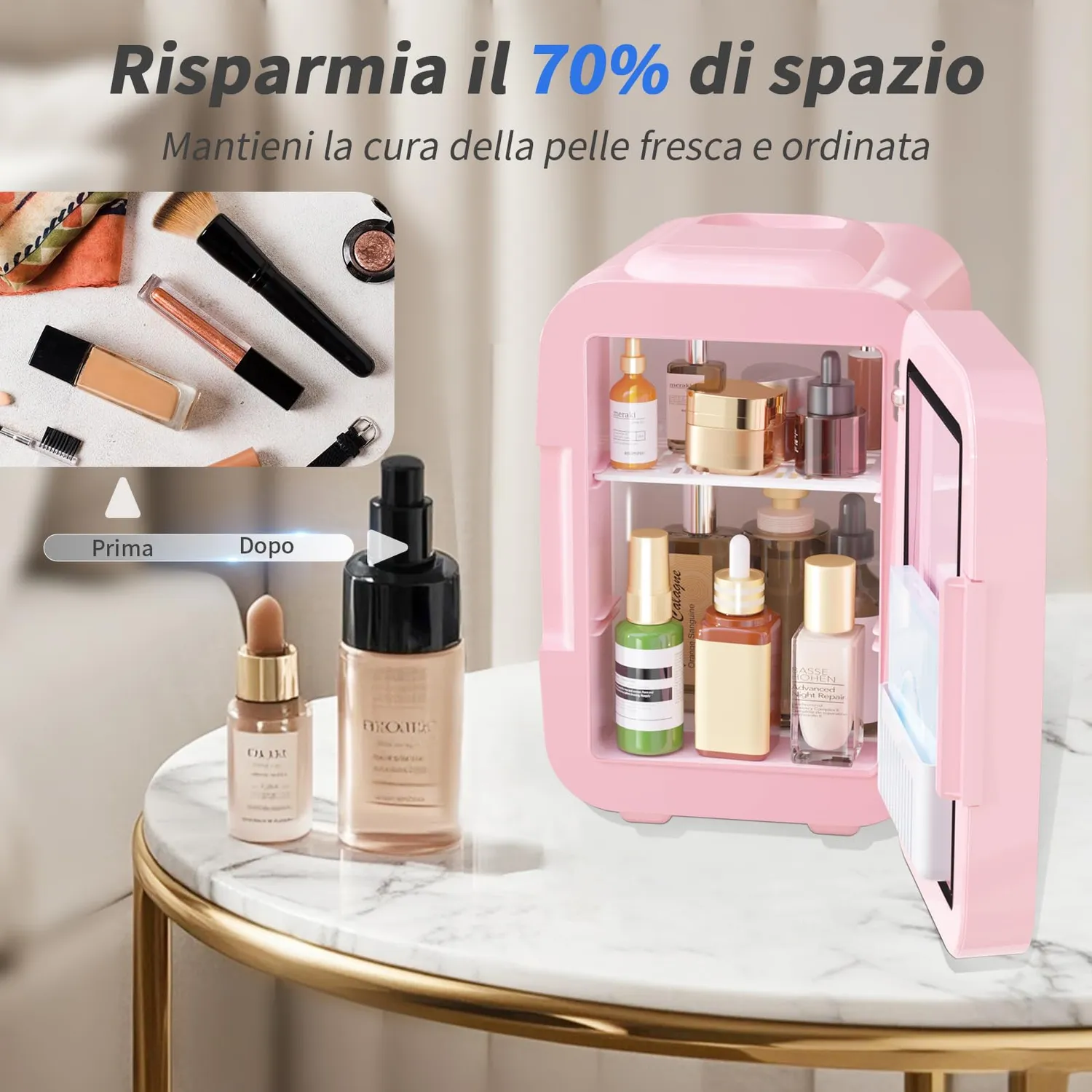 YASHE Mini Frigo 4L Rosa Specchio LED Freddo Caldo