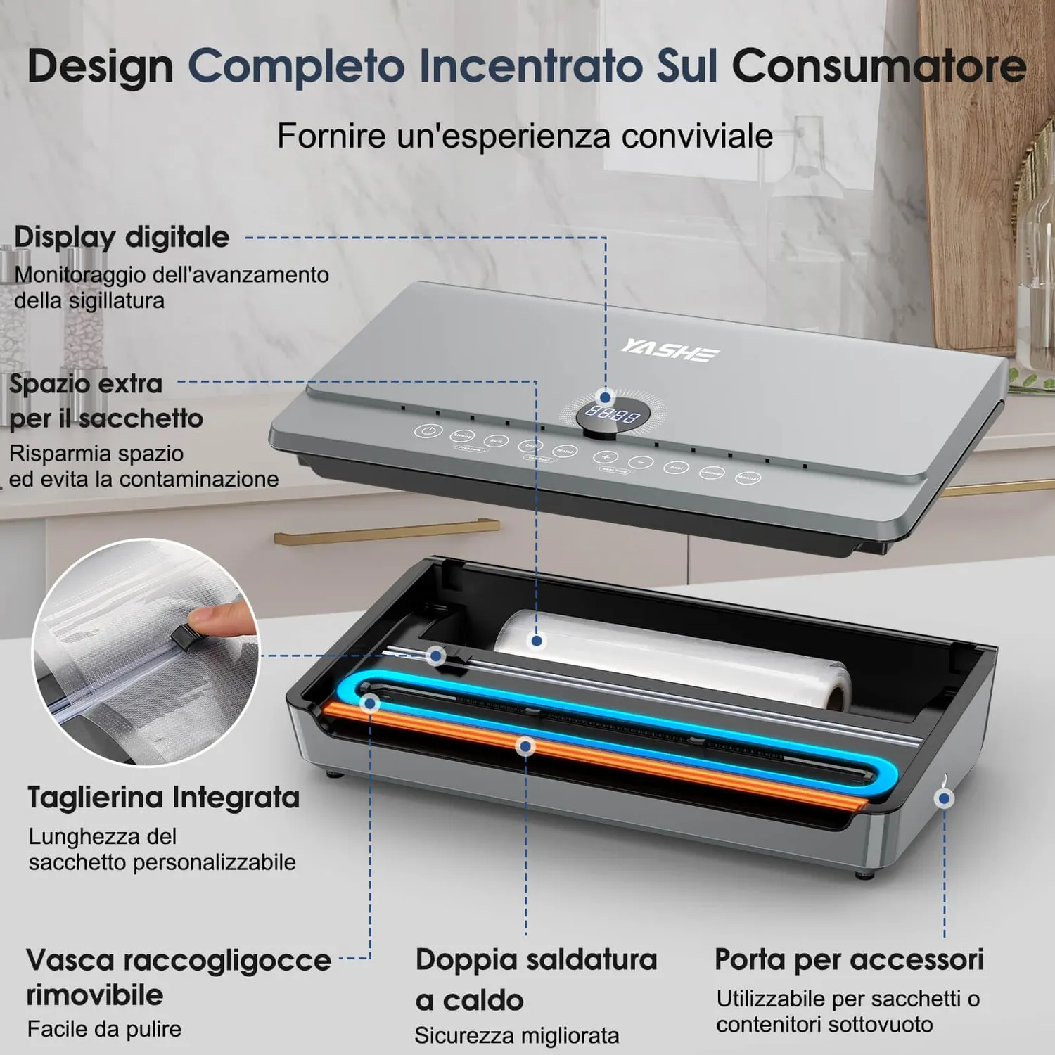 YASHE Macchina Sottovuoto 80KPa con Rotolo 20x300 Doppia Pompa