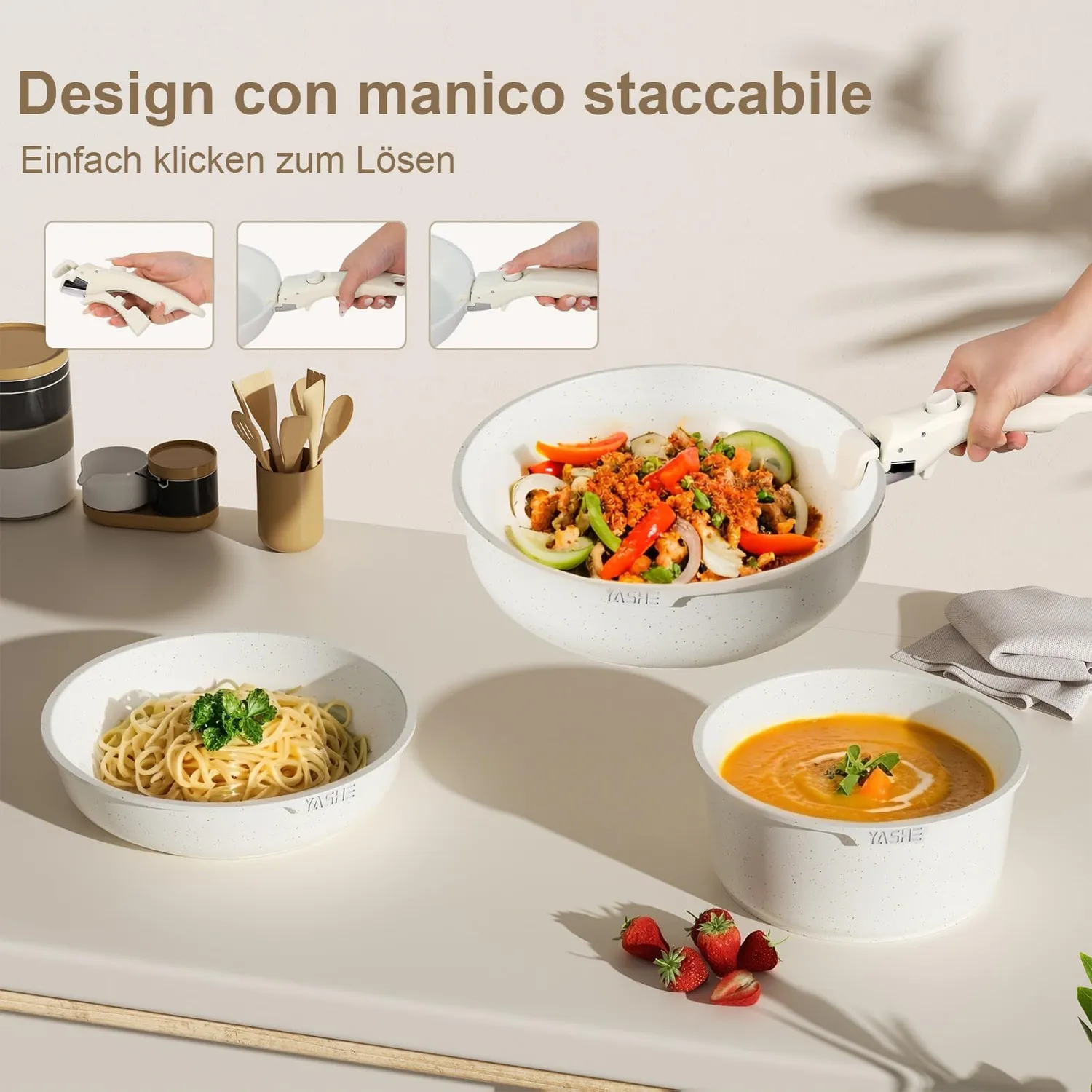 YASHE set 13 pentole e padelle antiaderenti manico staccabile crema