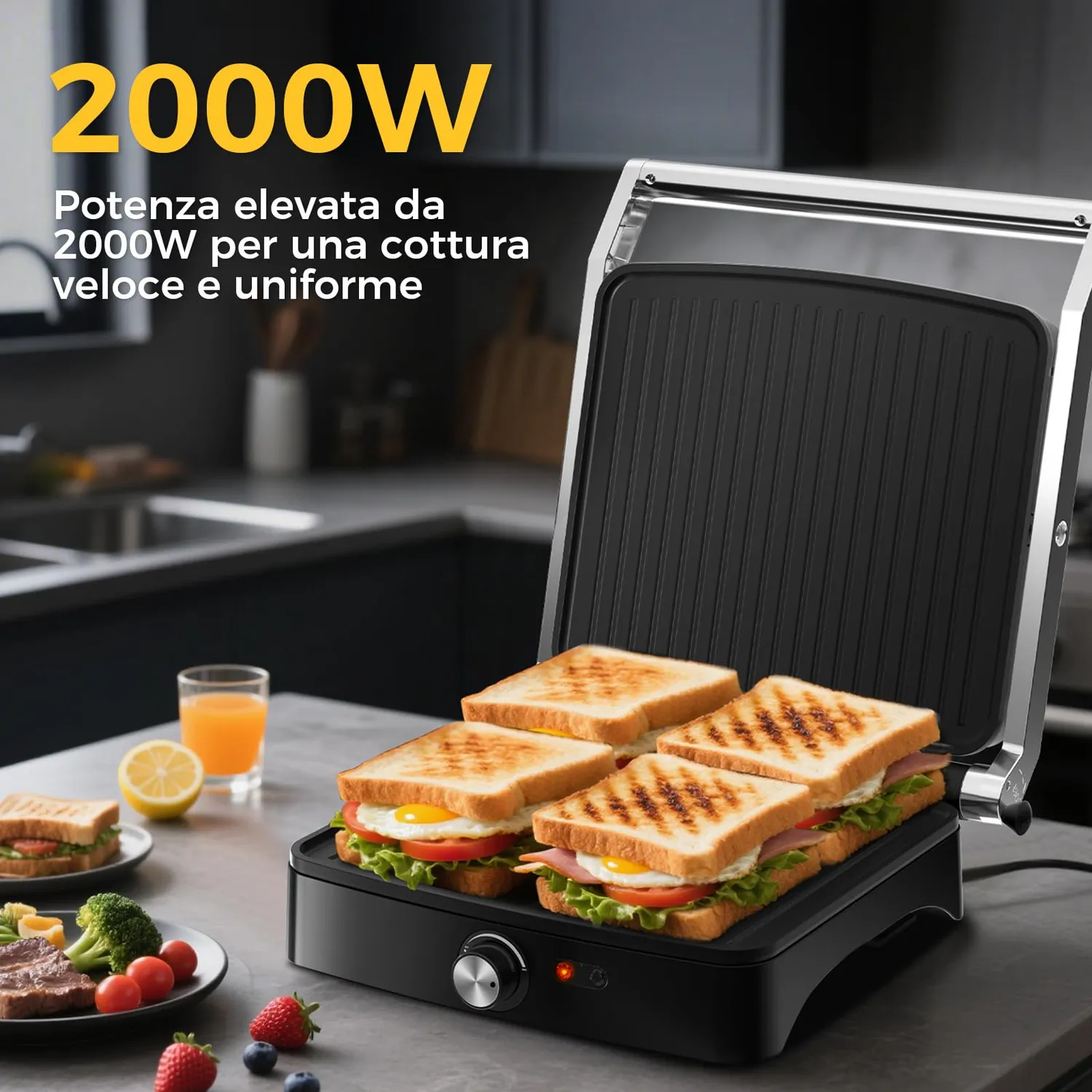 YASHE piastra panini 2000W 4 fette apribile 180°