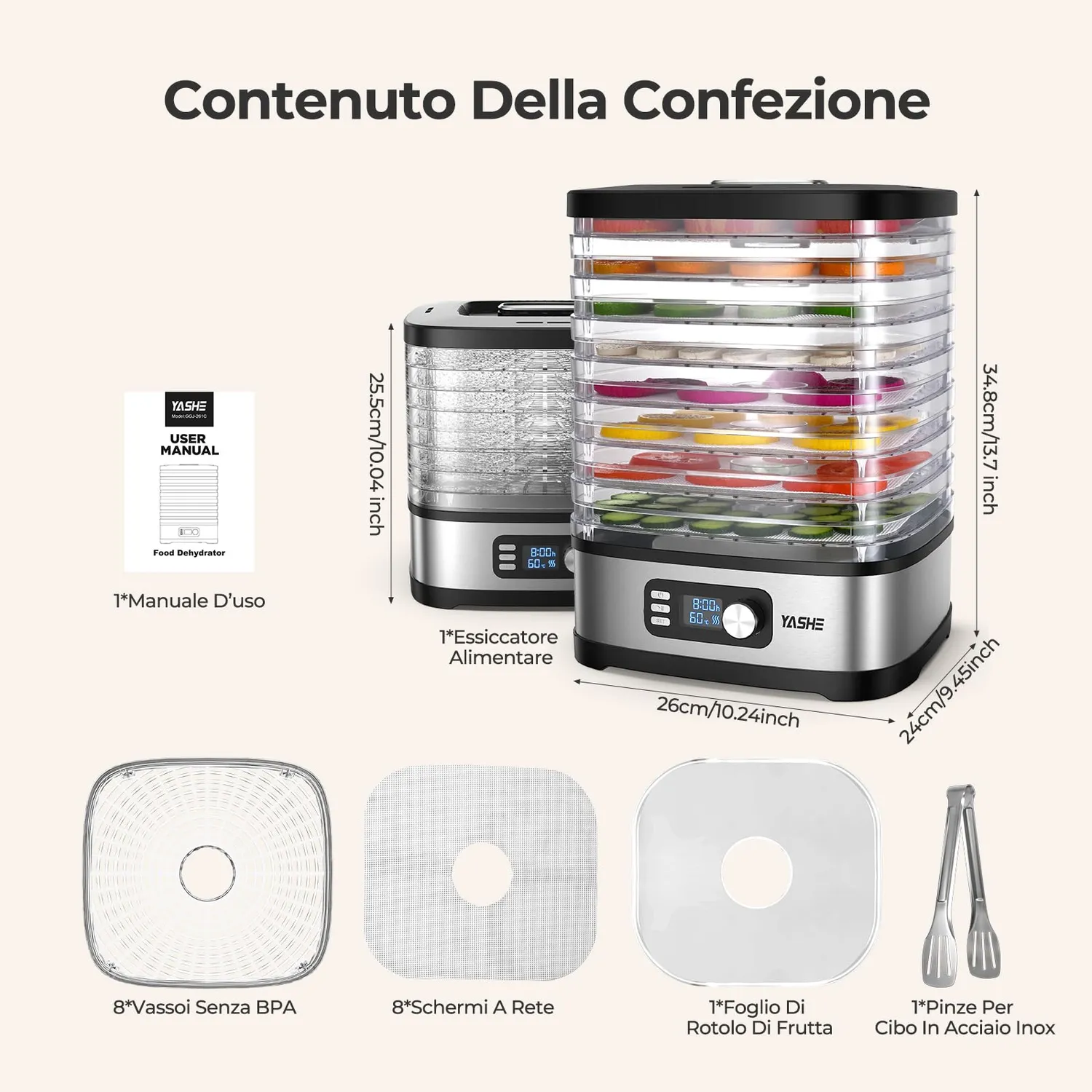 YASHE Essiccatore Alimentare 8 Vassoi 35-70°C 72h