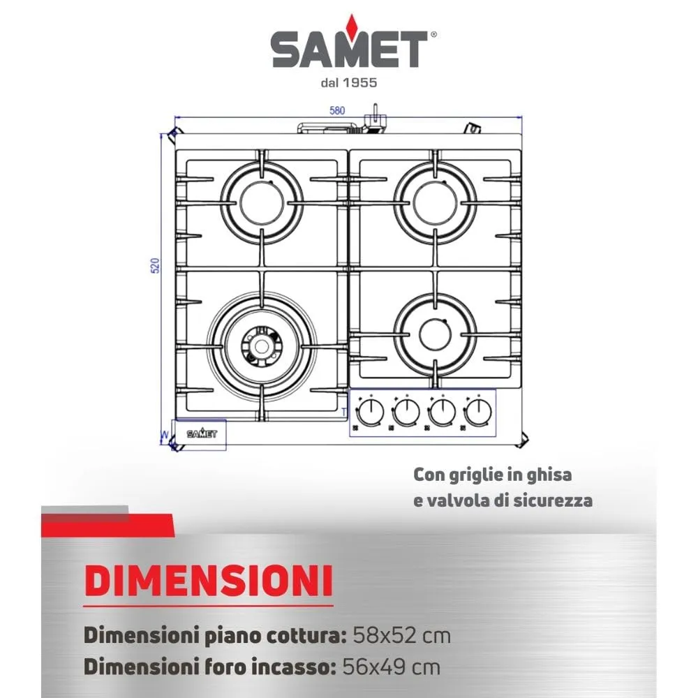 Samet Zacinto60 piano cottura gas 4 fuochi 60 cm vetro nero