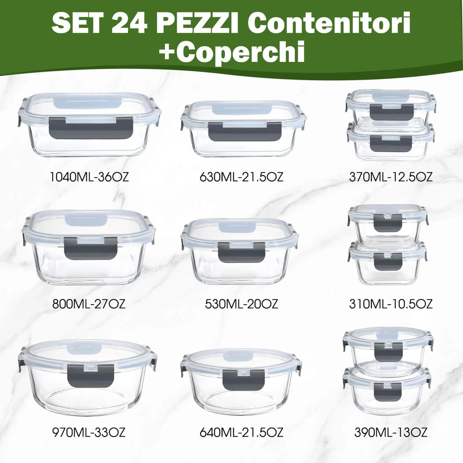 Yashe Set 12 Contenitori Vetro Alimenti Grigio Ermetici