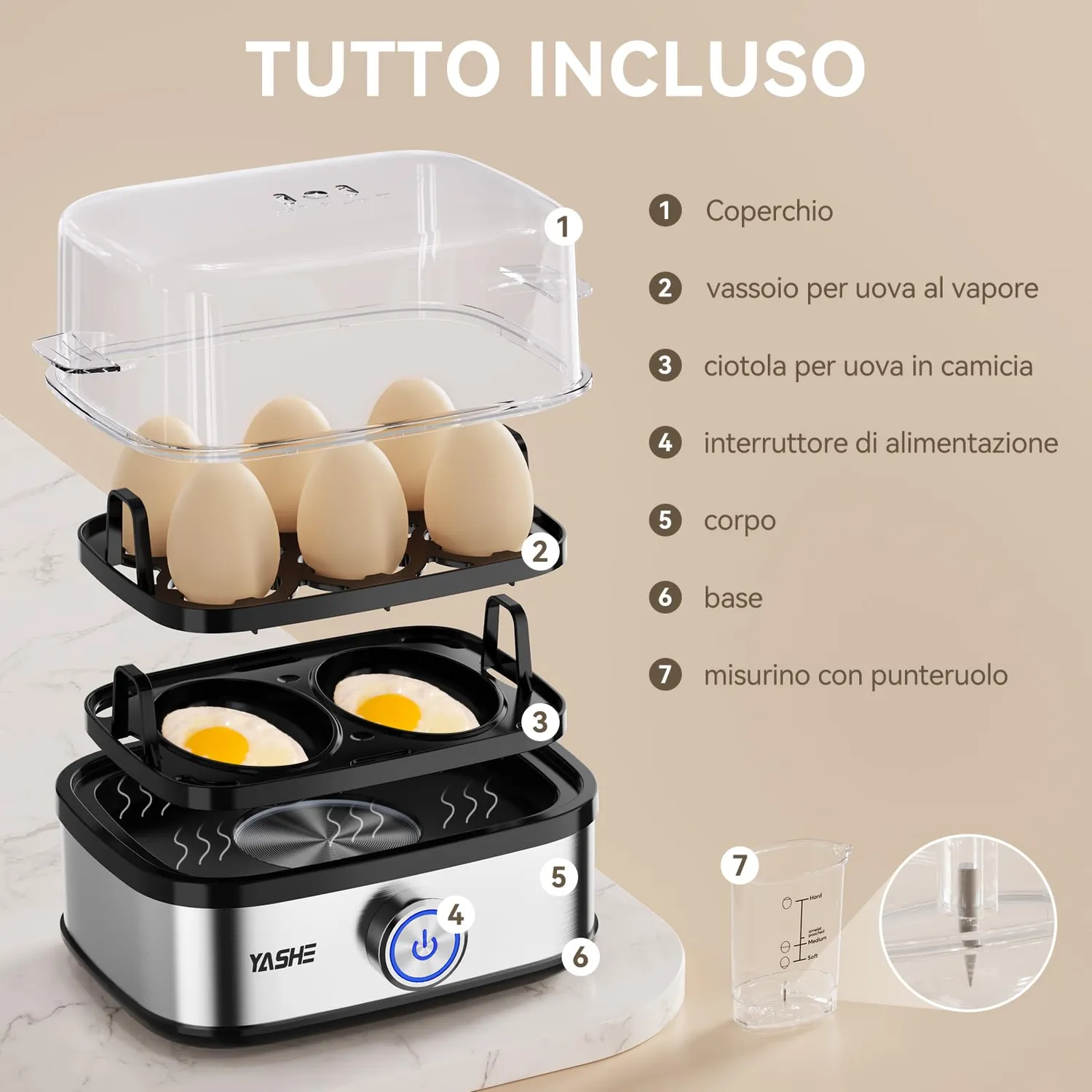 Yashe Cuociuova Elettrico 6 Uova 400W con Accessori