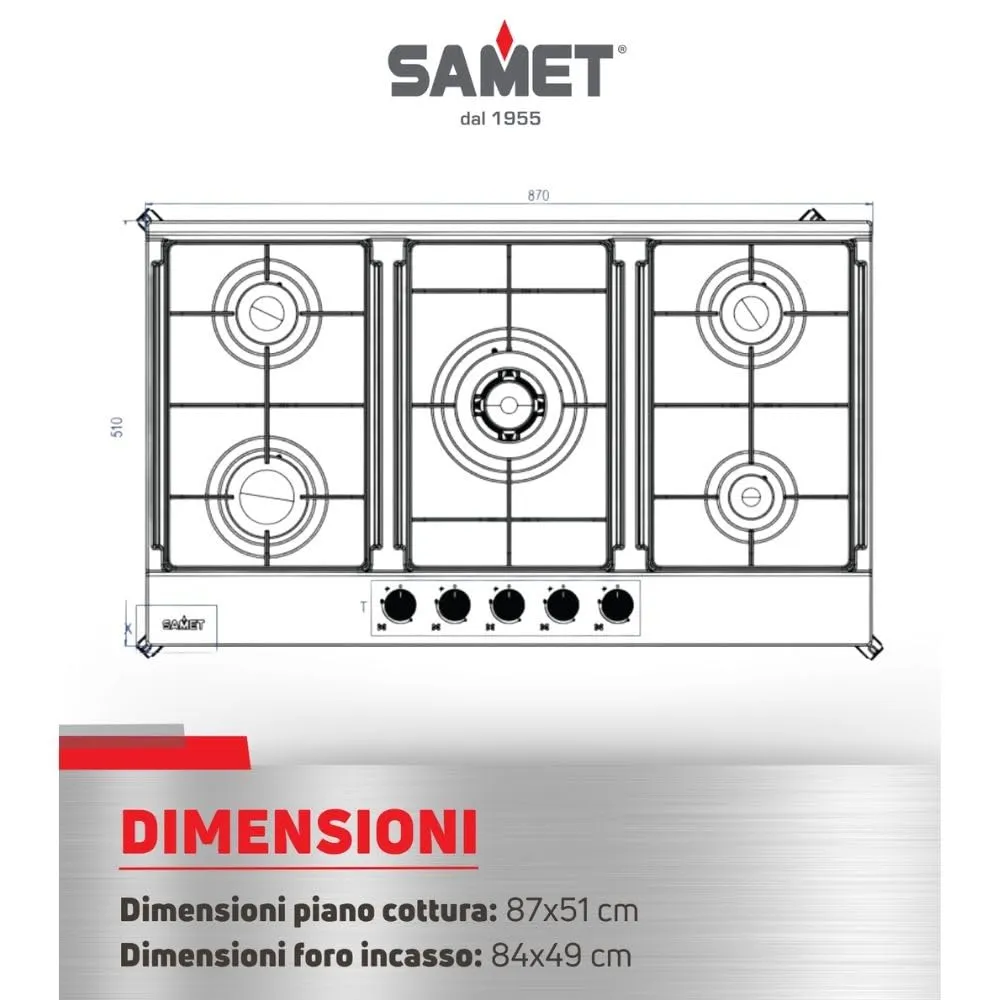 Samet Apollo2 piano cottura gas 5 fuochi 90 cm inox