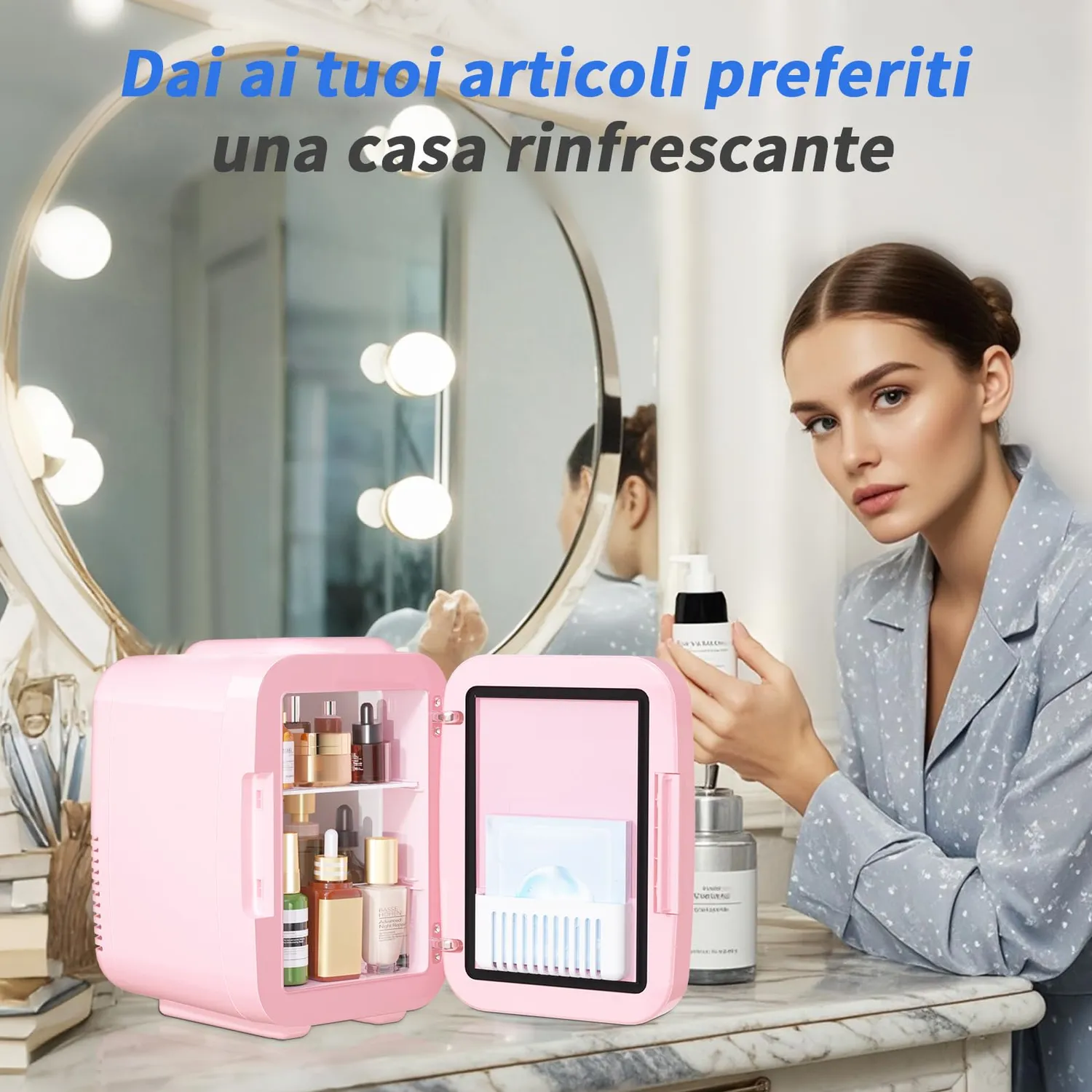 YASHE Mini Frigo 4L Rosa Specchio LED Freddo Caldo