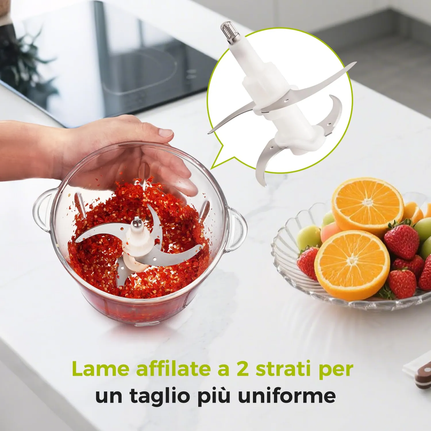 Yashe tritatutto elettrico 500W 2 ciotole 2L+2L vetro argento