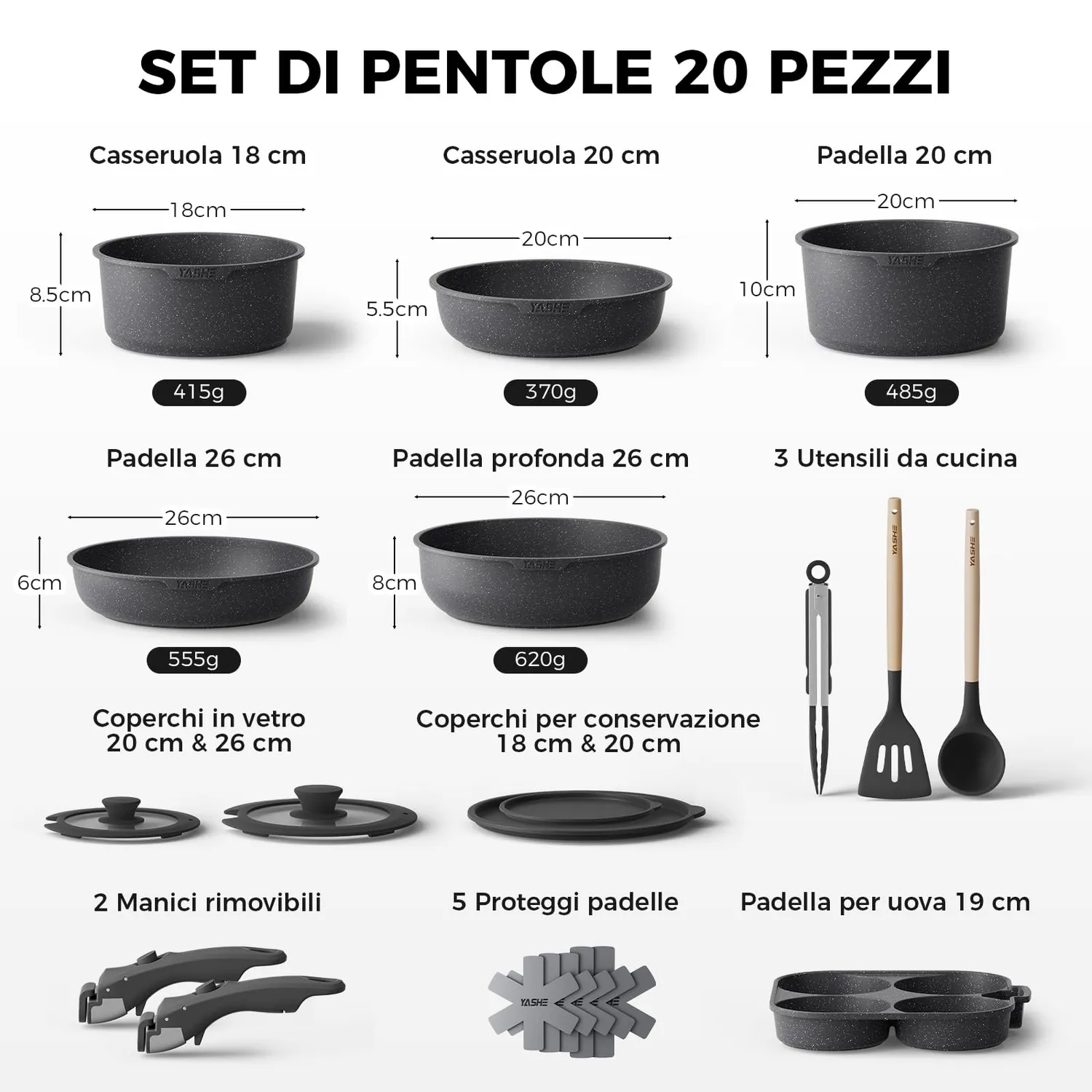 YASHE set pentole induzione 20 pezzi con padella uova
