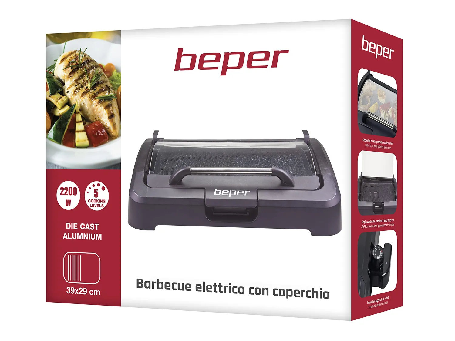 Beper 90.871 Barbecue Elettrico 2200 W con Coperchio