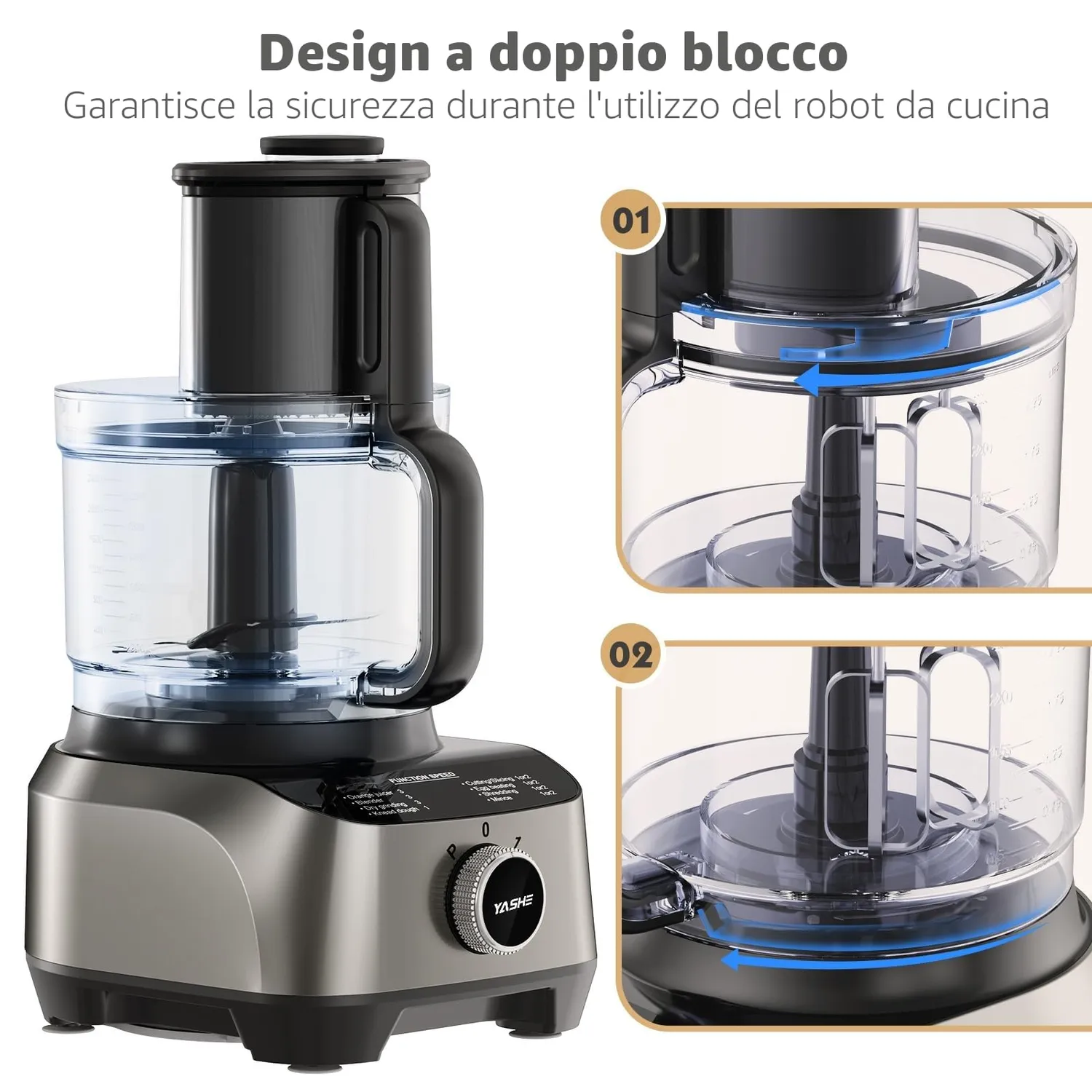 Yashe robot cucina 11in1 2,5L+1,5L 1300W nero grigio