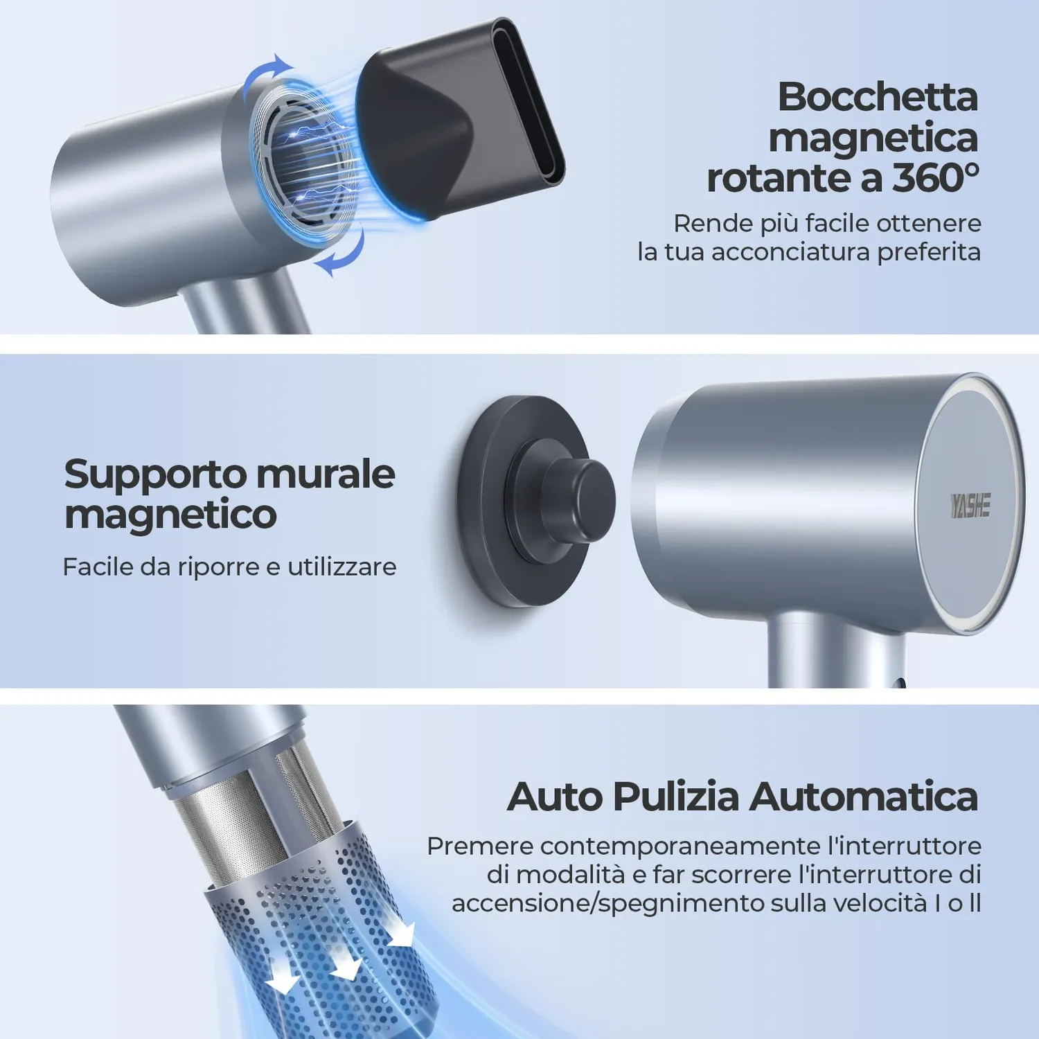 YASHE Asciugacapelli Ionico Blu 110000 giri con diffusore
