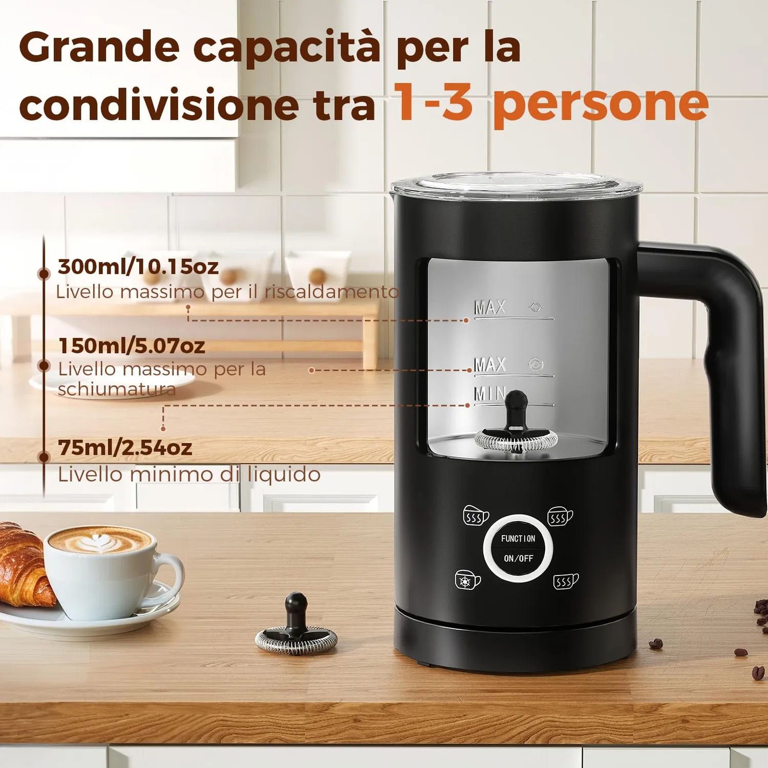 YASHE Montalatte Elettrico 4-in-1 300ml Schiuma Calda Fredda