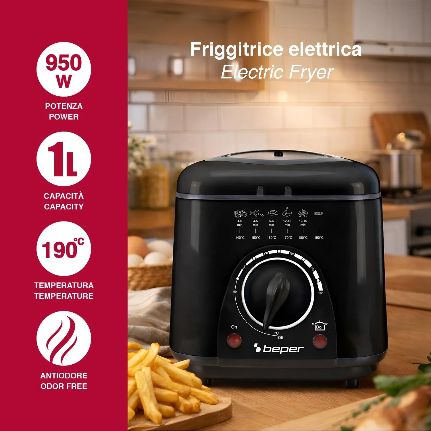 Beper P101FRI100 Friggitrice 1 L 950W con Oblò Nera