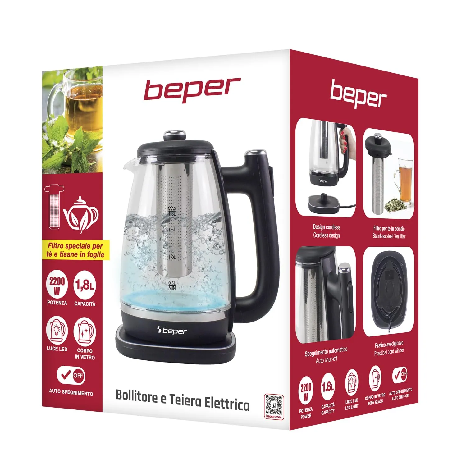 Beper P101BOL200 Bollitore Elettrico Vetro 1,8L 2200W