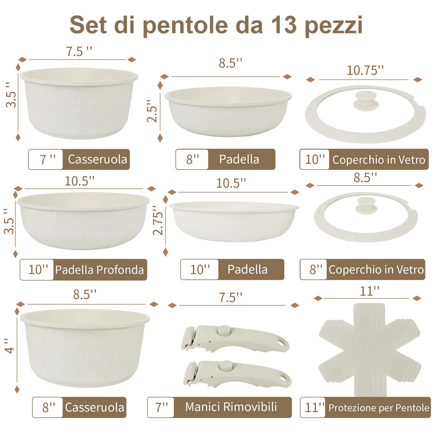 YASHE set 13 pentole e padelle antiaderenti manico staccabile crema