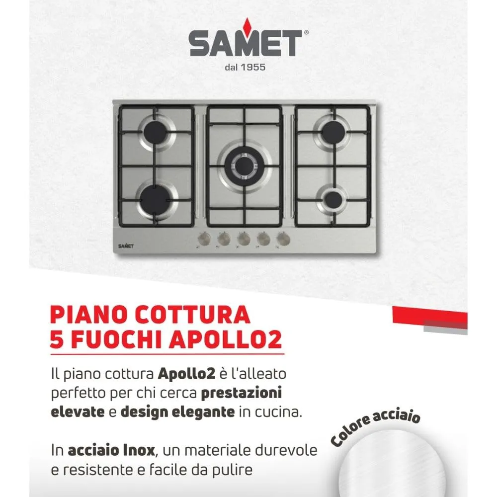 Samet Apollo2 piano cottura gas 5 fuochi 90 cm inox