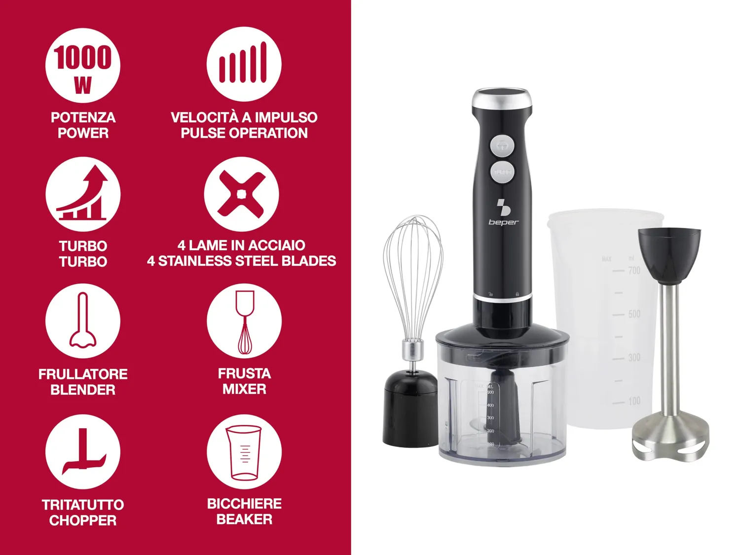 Beper P102FRU151 frullatore immersione 4in1 1000W acciaio