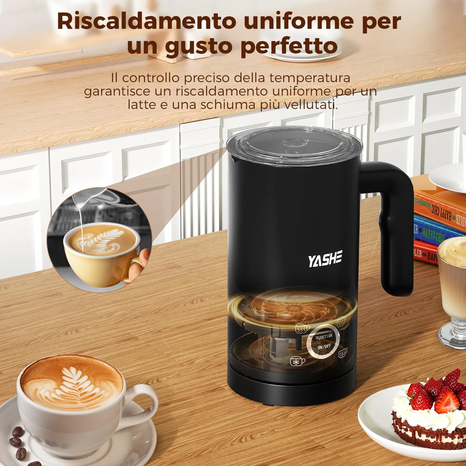 YASHE Montalatte Elettrico 4-in-1 300ml Schiuma Calda Fredda