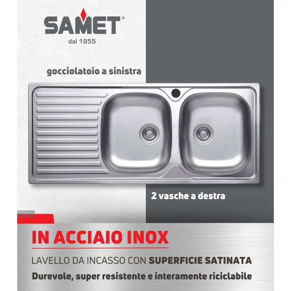 Samet Lavello Incasso 2 Vasche Acciaio 116x50 Gocciolatoio Sx