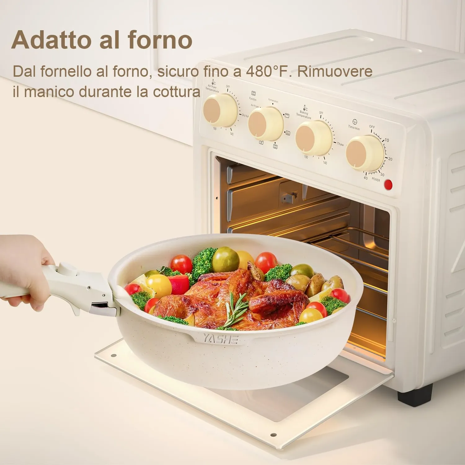 YASHE set 13 pentole e padelle antiaderenti manico staccabile crema