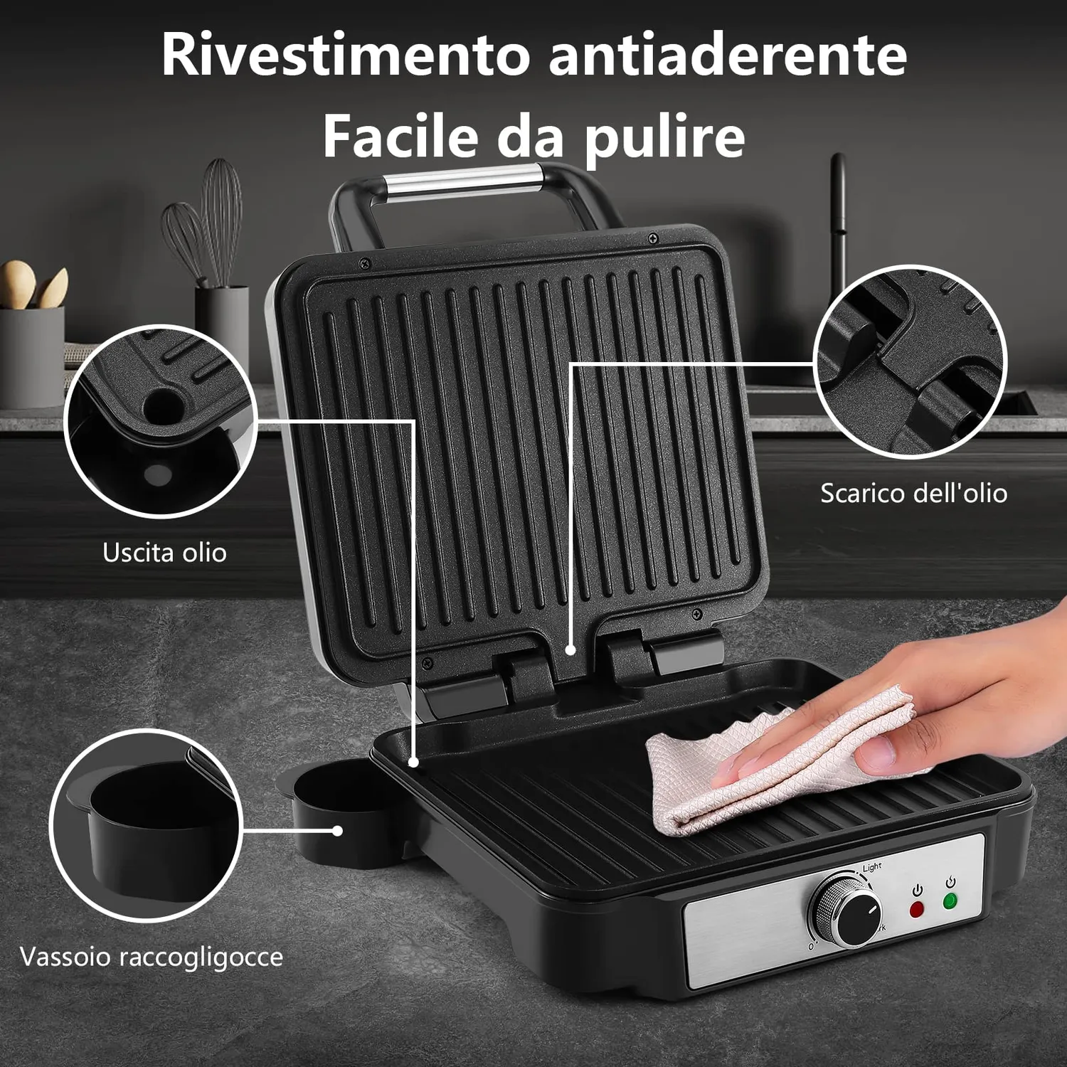 Yashe Tostapane Piastra Panini 4 Fette Argento 1800W