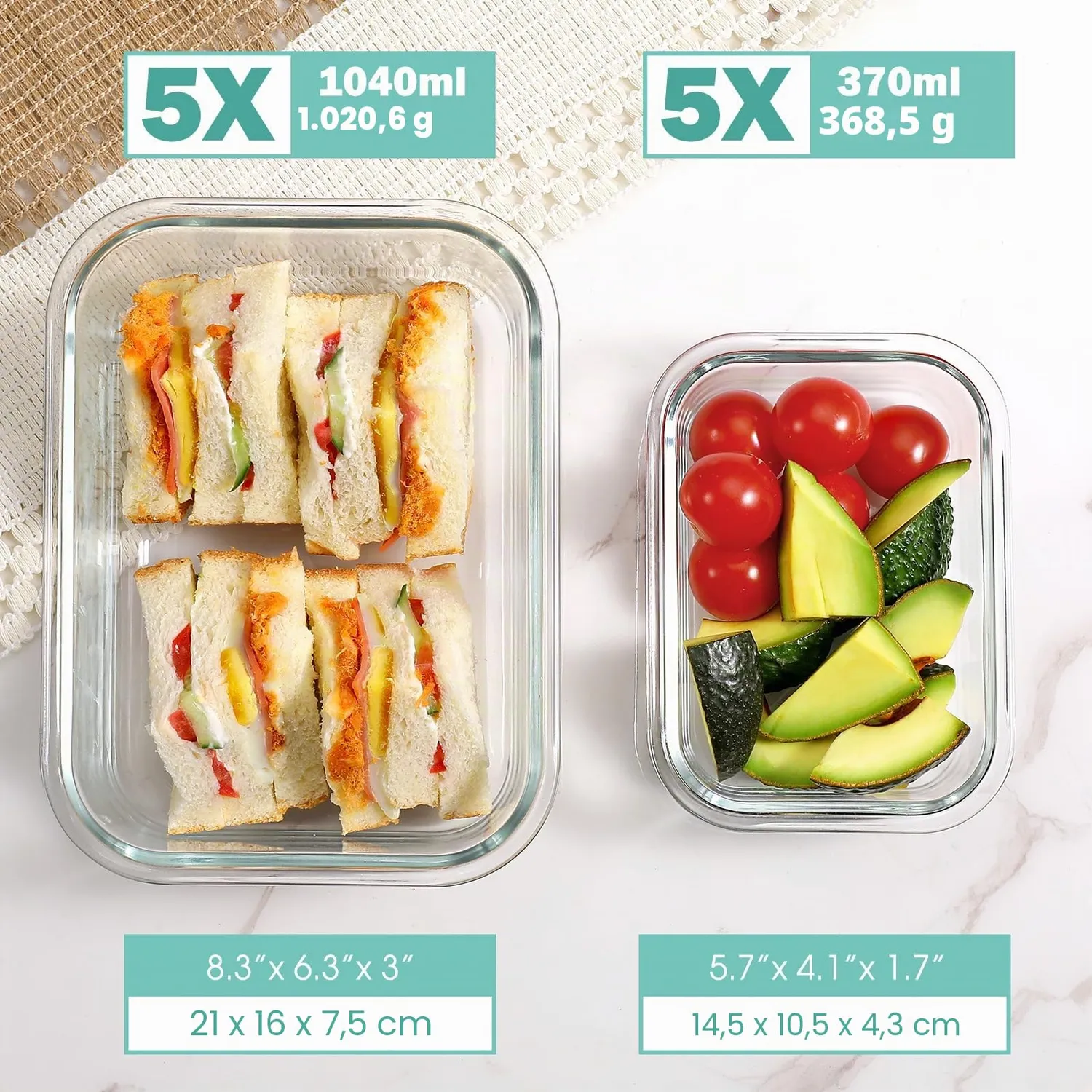 YASHE Set 10 Contenitori Vetro Alimenti 1040+370 ml Verde Ermetici