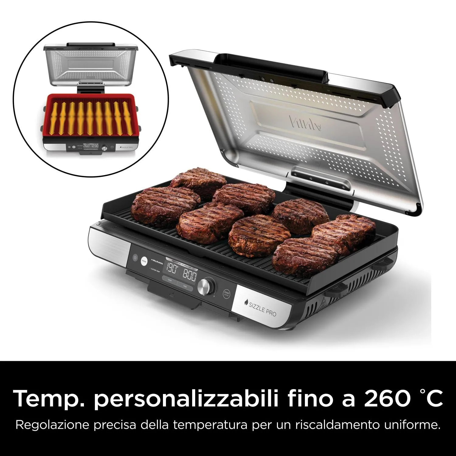 Ninja Sizzle Pro XL Griglia Elettrica Piastra 260°C 10 Burger