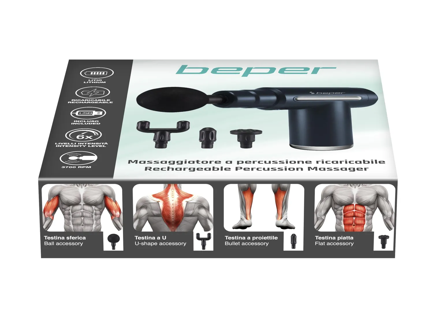 Beper P302MAS002 Massaggiatore a Percussione 30W Nero 4 Testine
