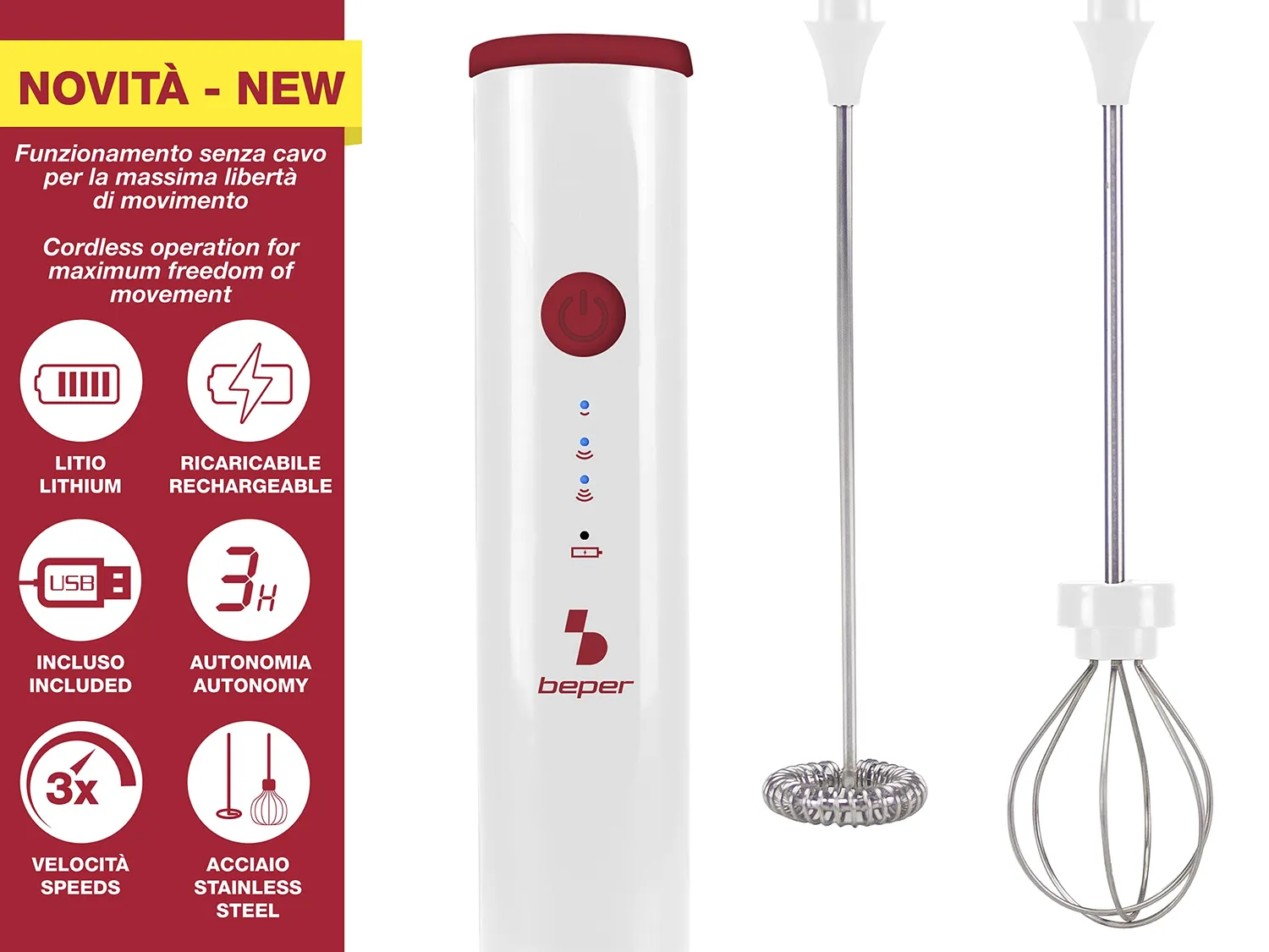 Beper P102SBA008 Montalatte Elettrico USB 3 Velocità Rosso