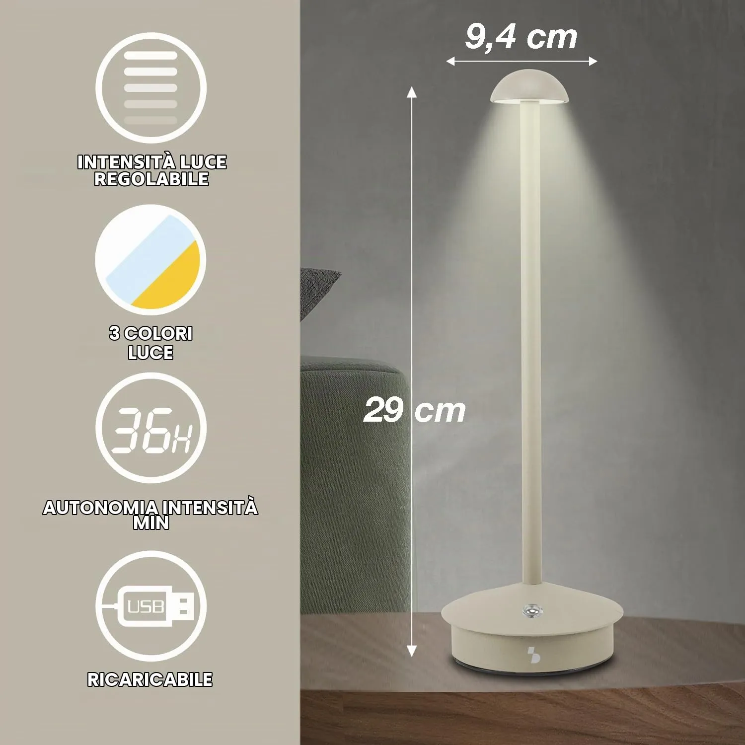 Beper P207ILI152 Lampada da Tavolo Tortora Ricaricabile Touch