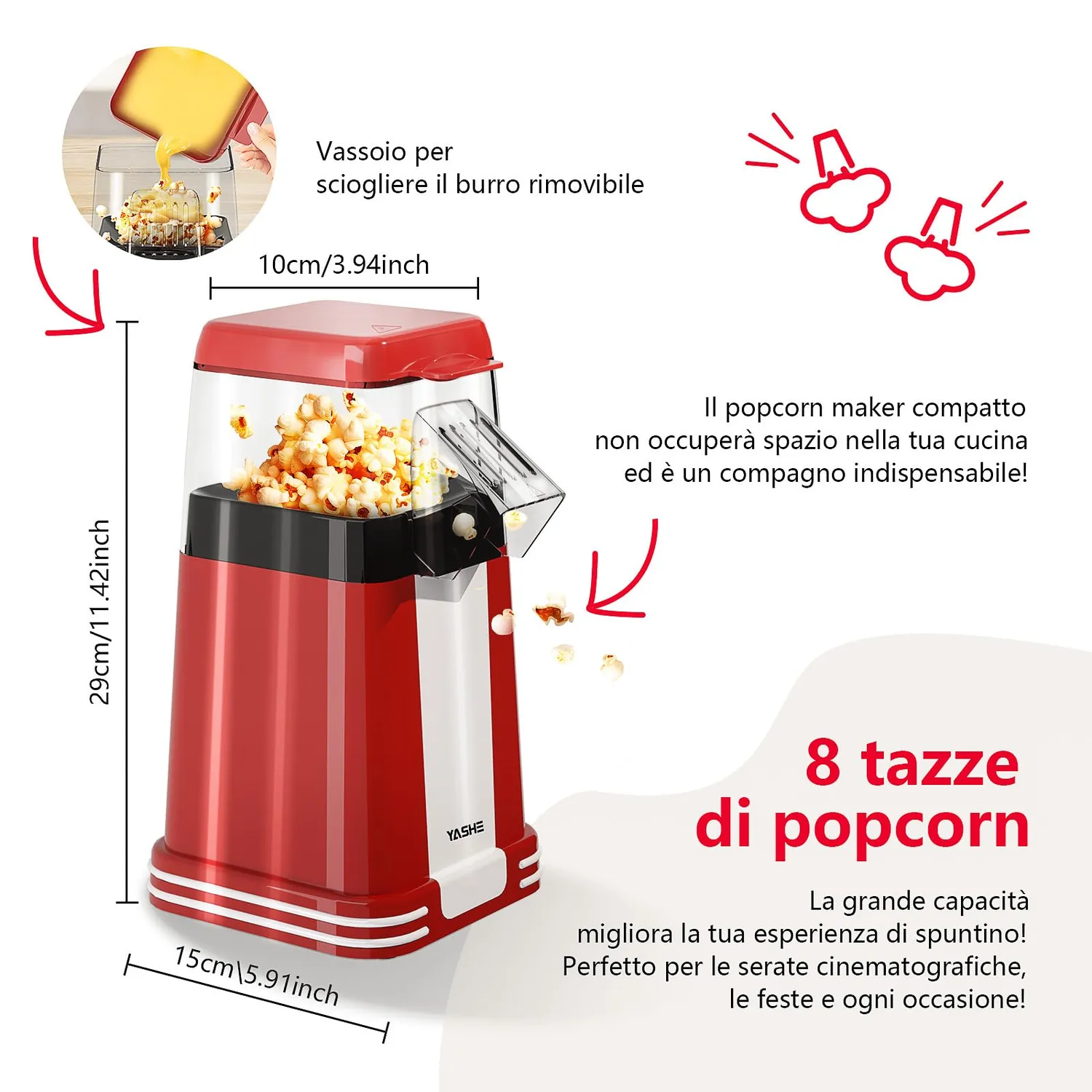 YASHE Popcorn Machine Retro 1200W Aria Calda
