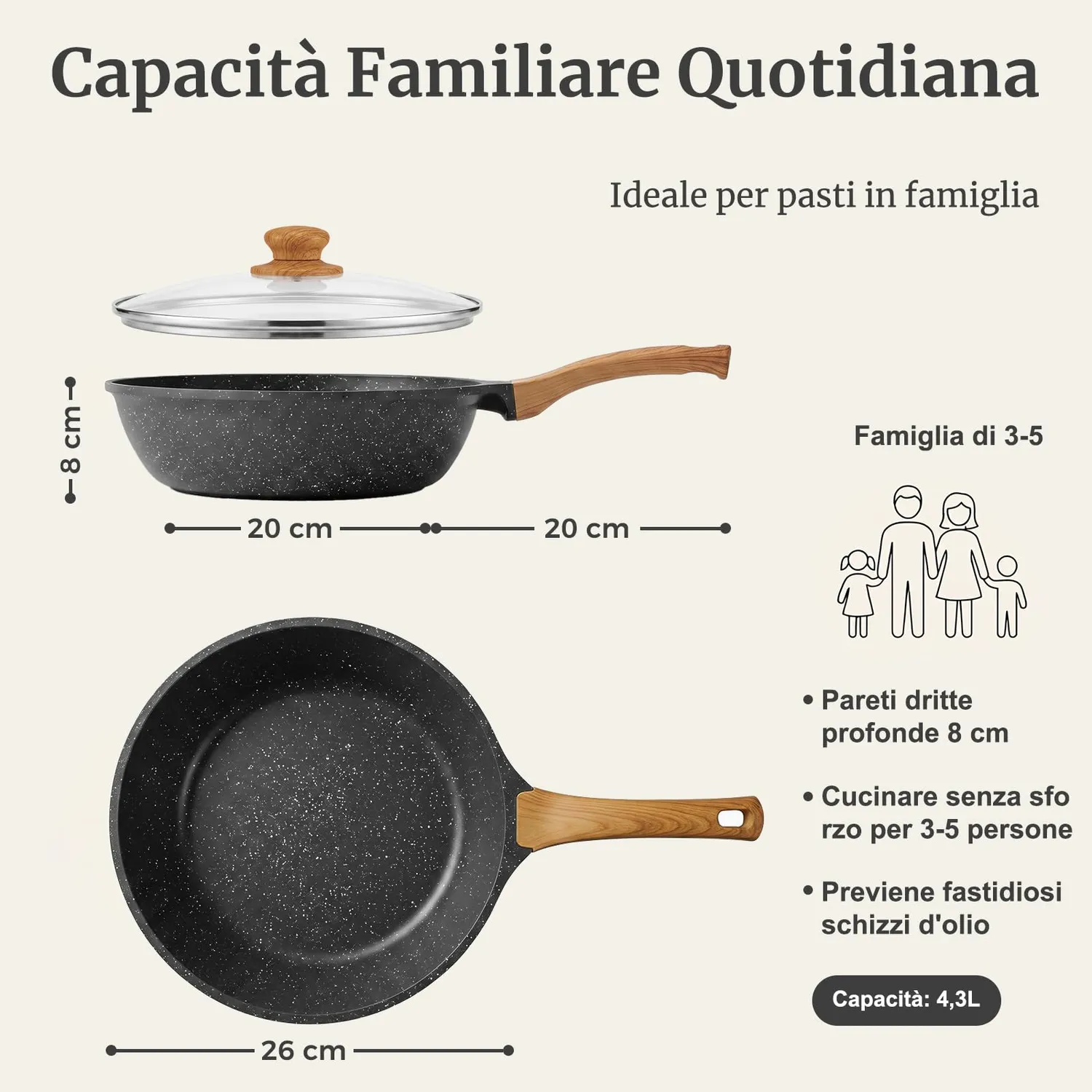 Yashe padella sautè antiaderente 26 cm 4,3L senza PTFE