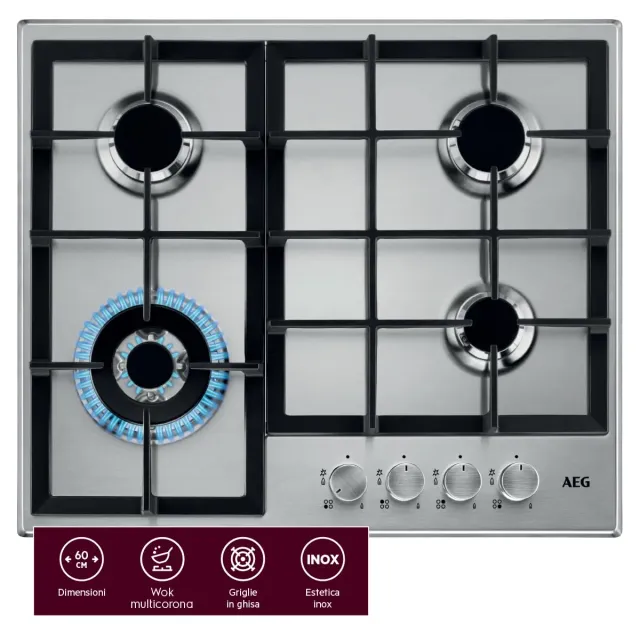 AEG HGB64400SM piano cottura gas 60cm 4 fuochi inox
