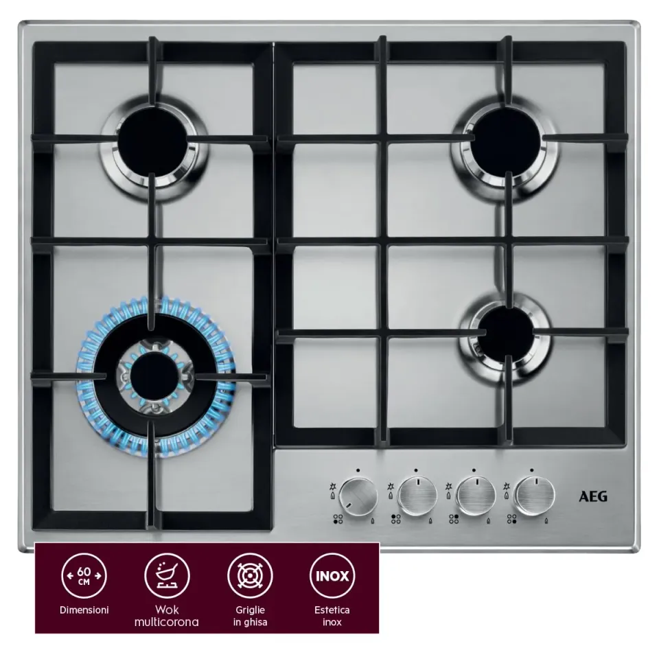 AEG HGB64400SM piano cottura gas 60cm 4 fuochi inox