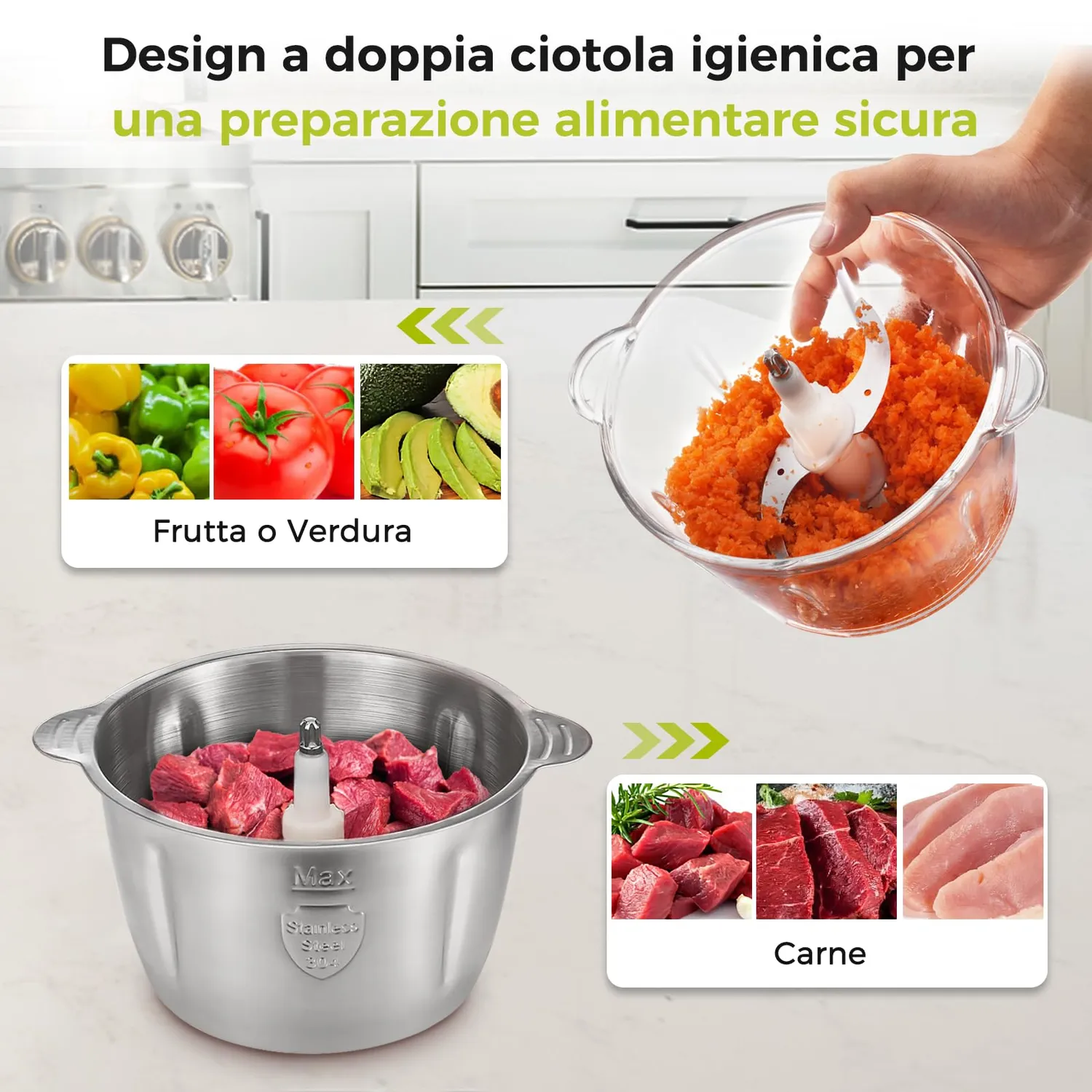 Yashe tritatutto elettrico 500W 2 ciotole 2L+2L vetro argento