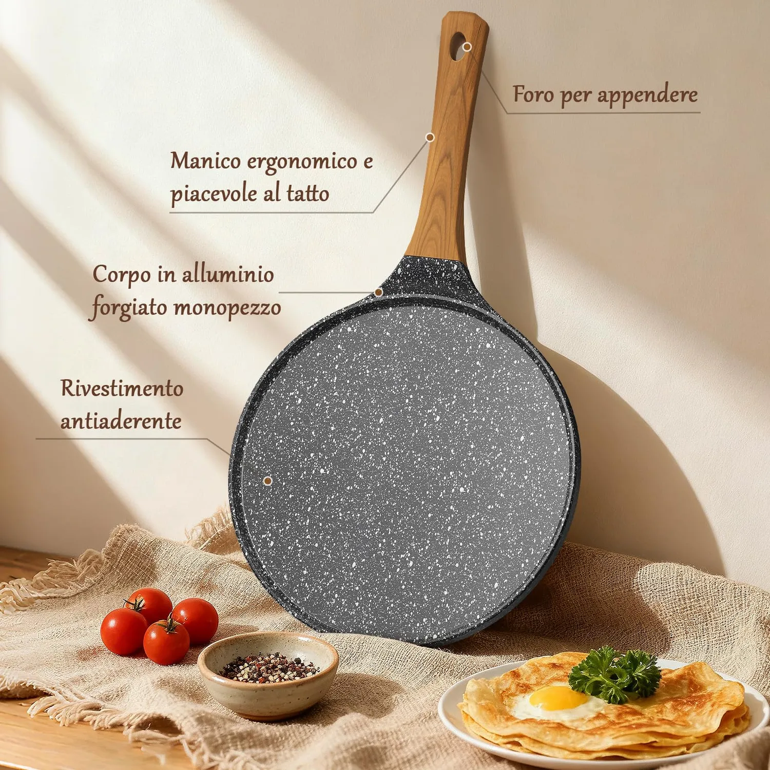YASHE Padella Crepes 26 cm Nera Senza PTFE Induzione