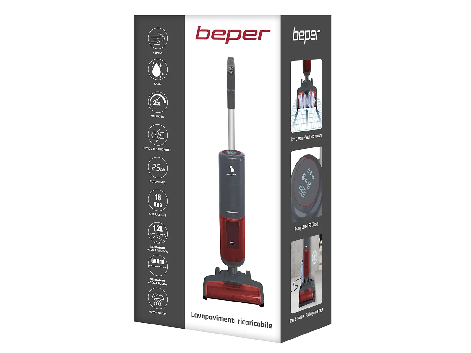 Beper P202VAL200 Aspirapolvere Lavapavimenti Senza Filo Display LED