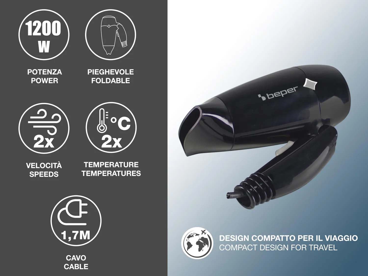 Beper Phon da Viaggio Pieghevole 1200W Nero