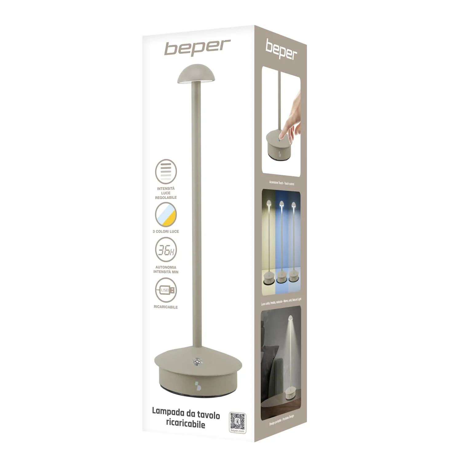 Beper P207ILI152 Lampada da Tavolo Tortora Ricaricabile Touch